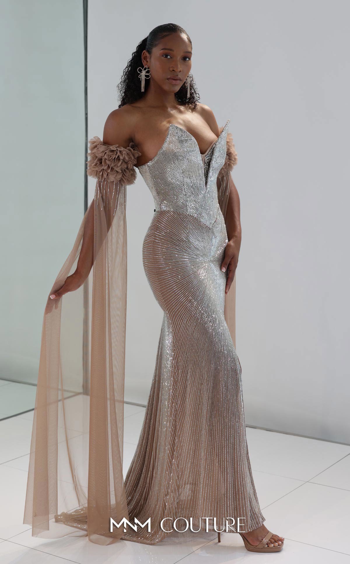 MNM Couture M1190 Diamond Beaded Mermaid Gown with Detachable Floral Sleeves