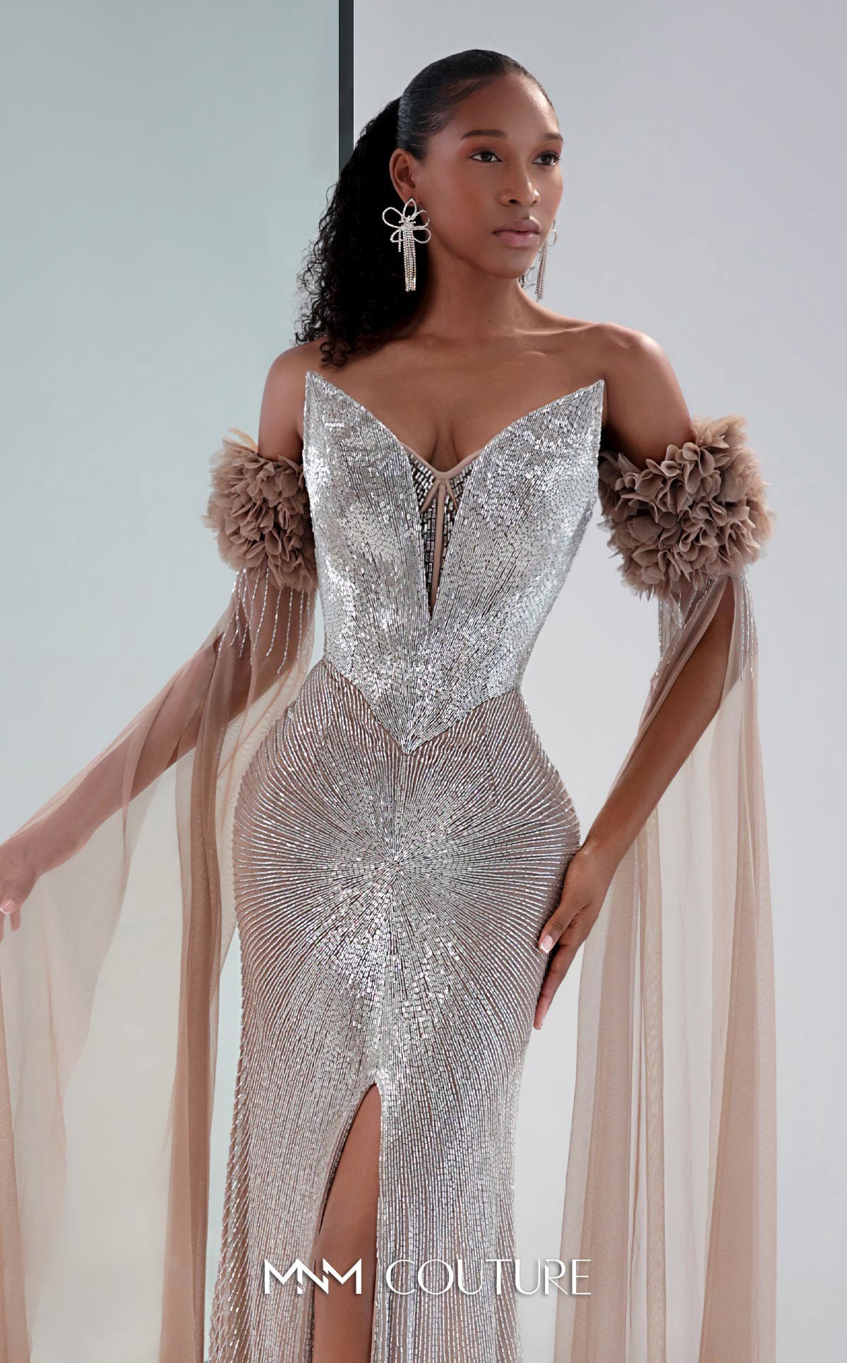 MNM Couture M1190 Diamond Beaded Mermaid Gown with Detachable Floral Sleeves