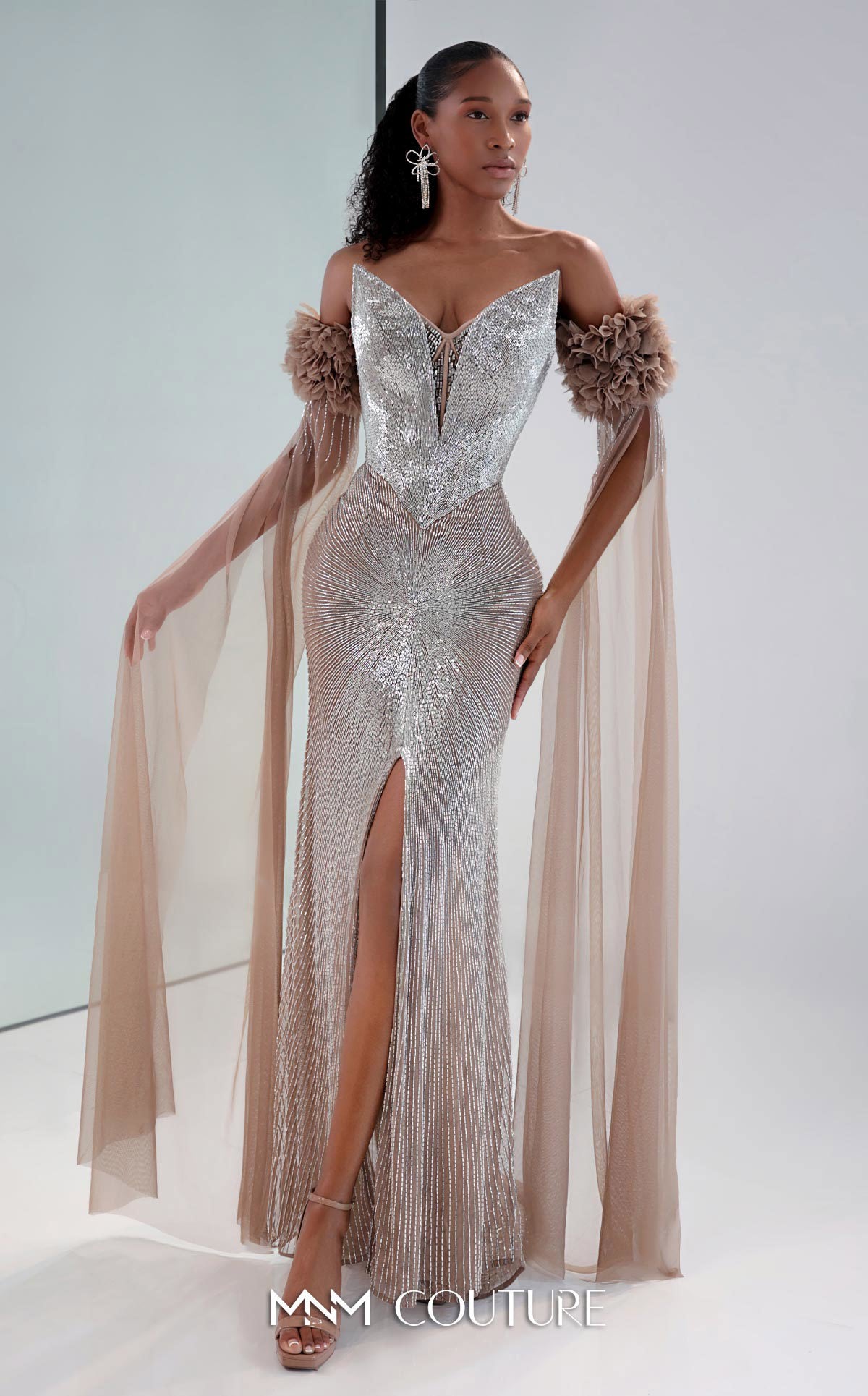 MNM Couture M1190 Diamond Beaded Mermaid Gown with Detachable Floral Sleeves
