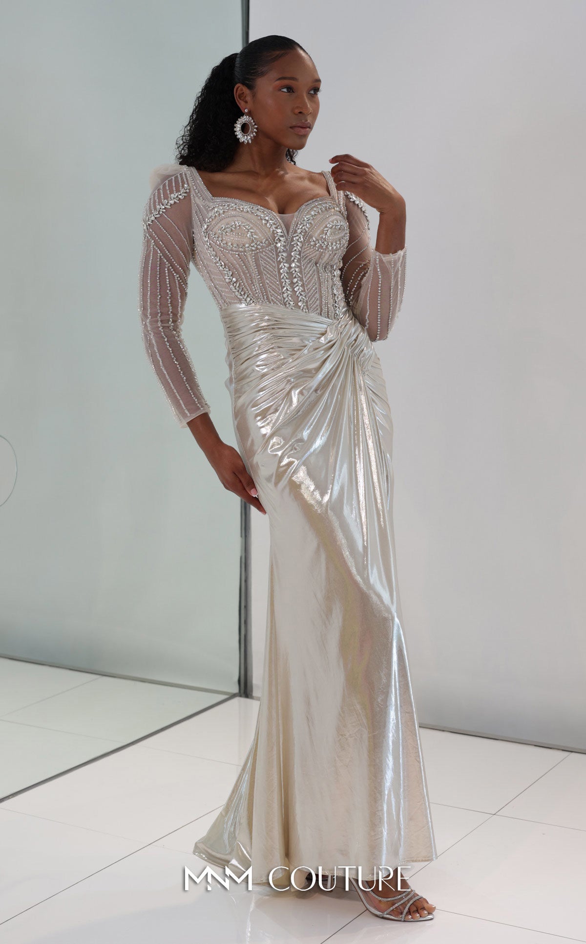 MNM Couture M1312 - Gold Satin Mermaid Gown with Beaded Sheer Sleeves