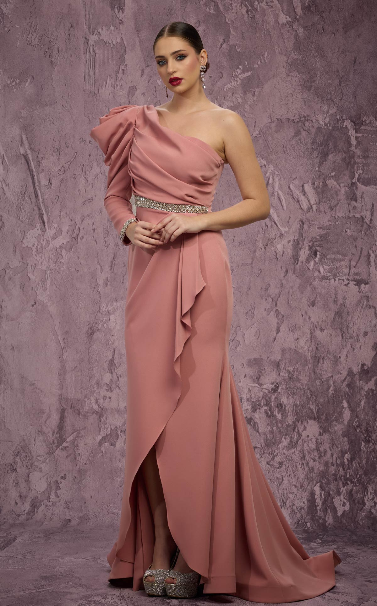 MNM Couture Q2851: One-Sleeve Embellished Crepe Gown