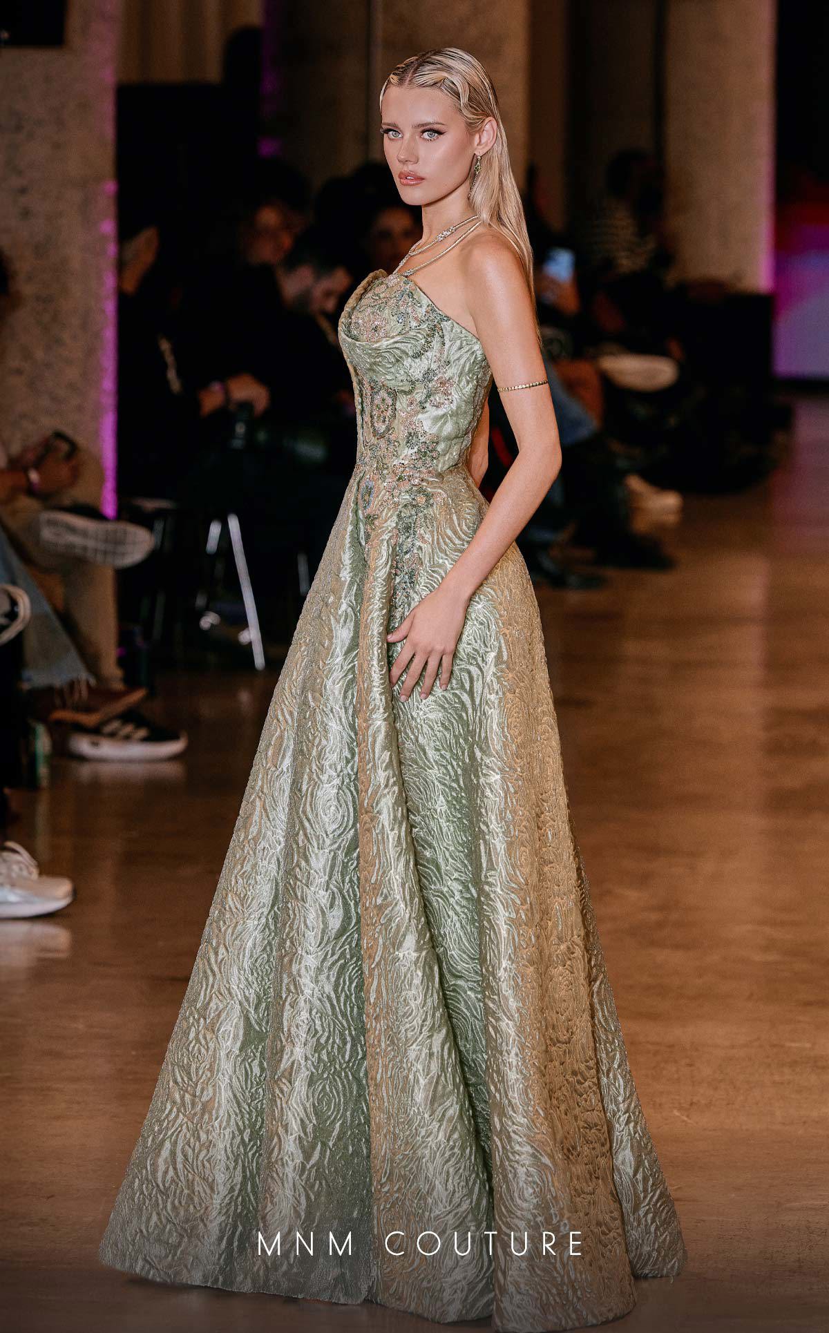 MNM Couture Q3355: Strapless Metallic Brocade Gown