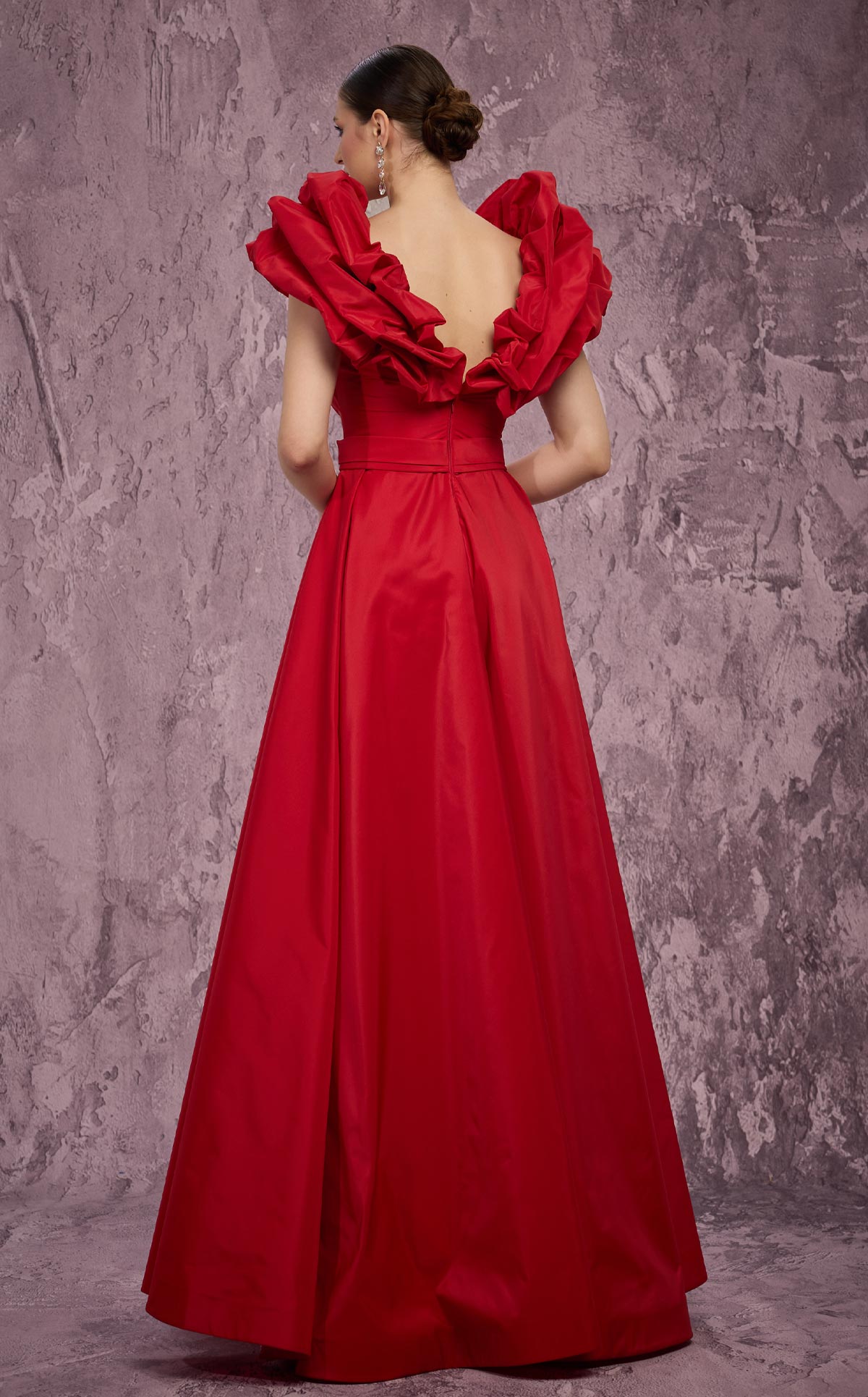 MNM Couture Q4363: Taffeta Gown with Peplum Shoulders