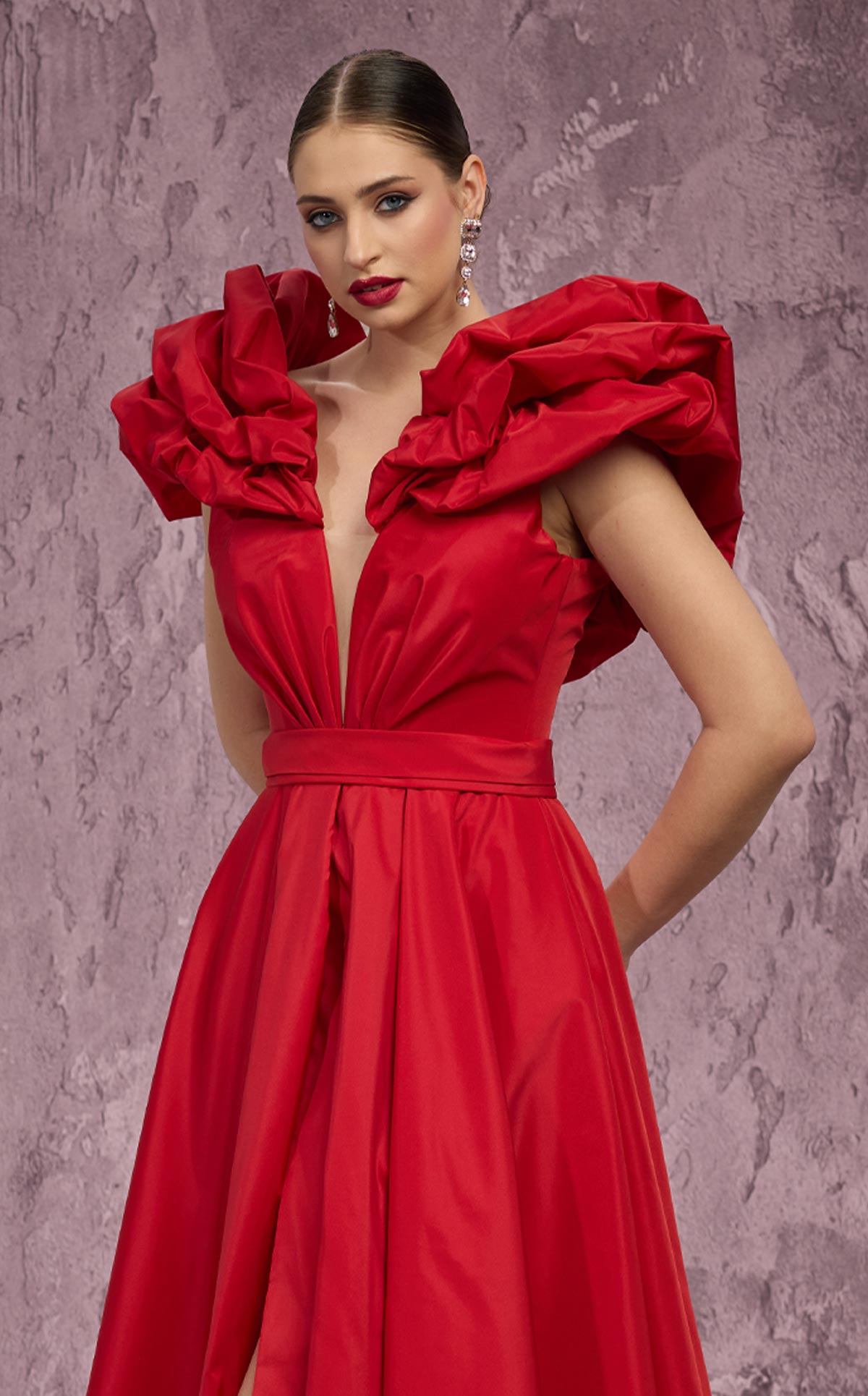 MNM Couture Q4363: Taffeta Gown with Peplum Shoulders