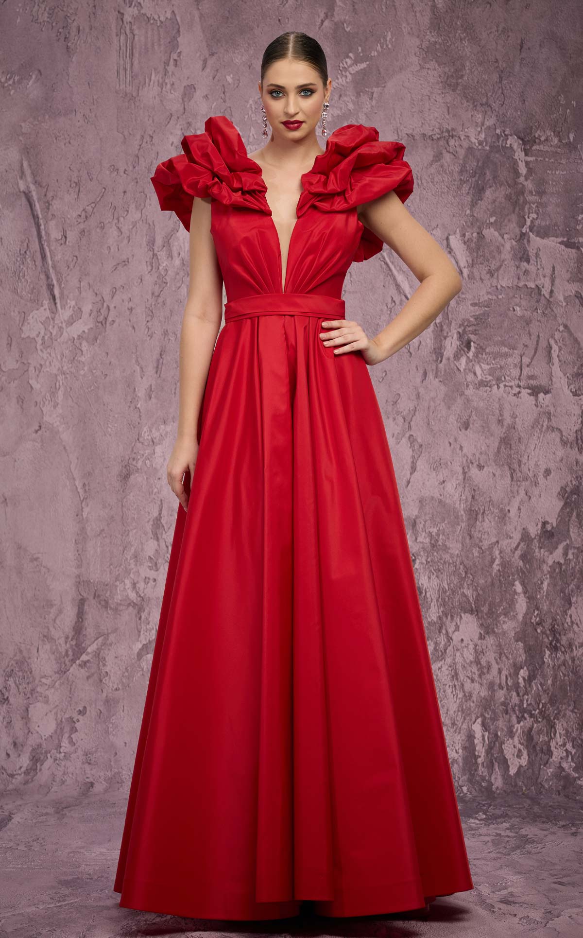 MNM Couture Q4363: Taffeta Gown with Peplum Shoulders