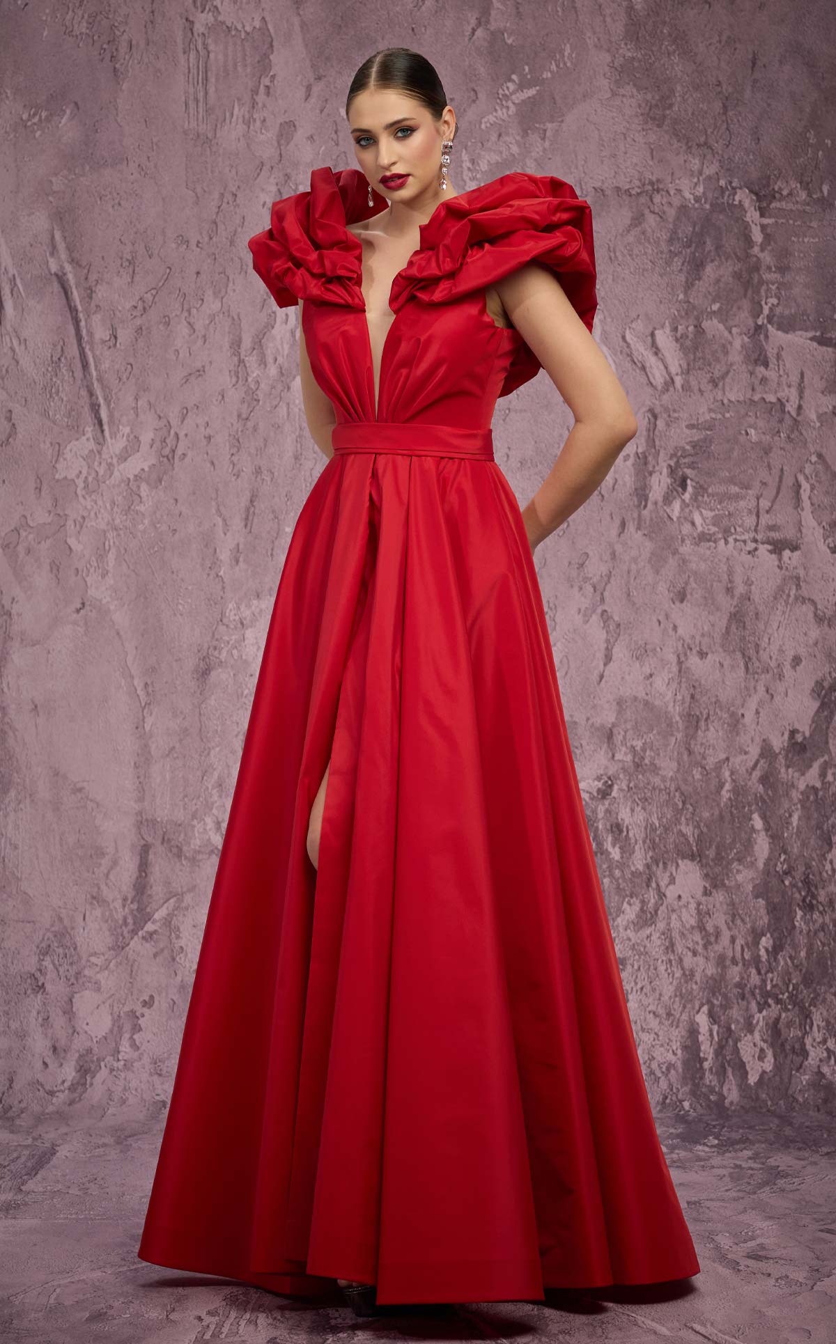 MNM Couture Q4363: Taffeta Gown with Peplum Shoulders