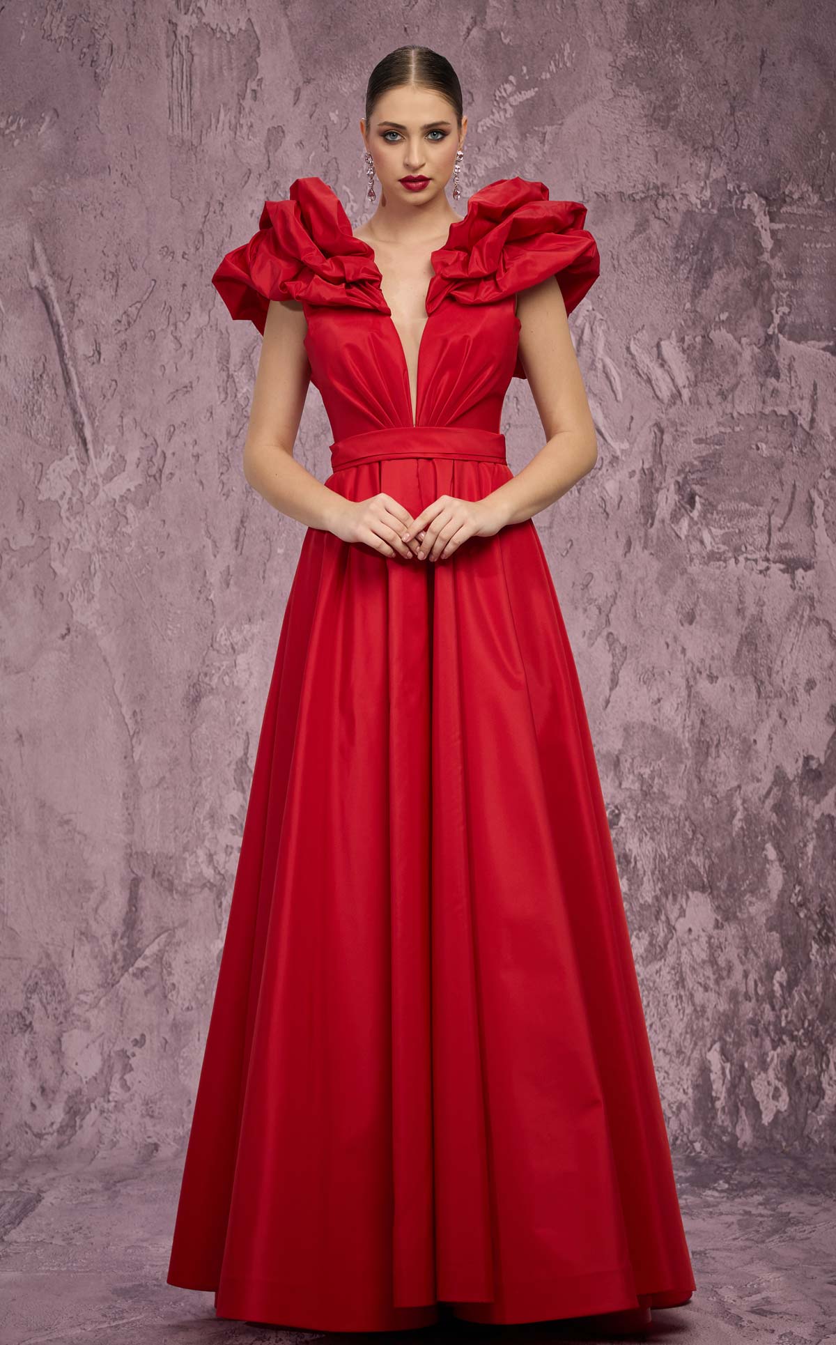 MNM Couture Q4363: Taffeta Gown with Peplum Shoulders