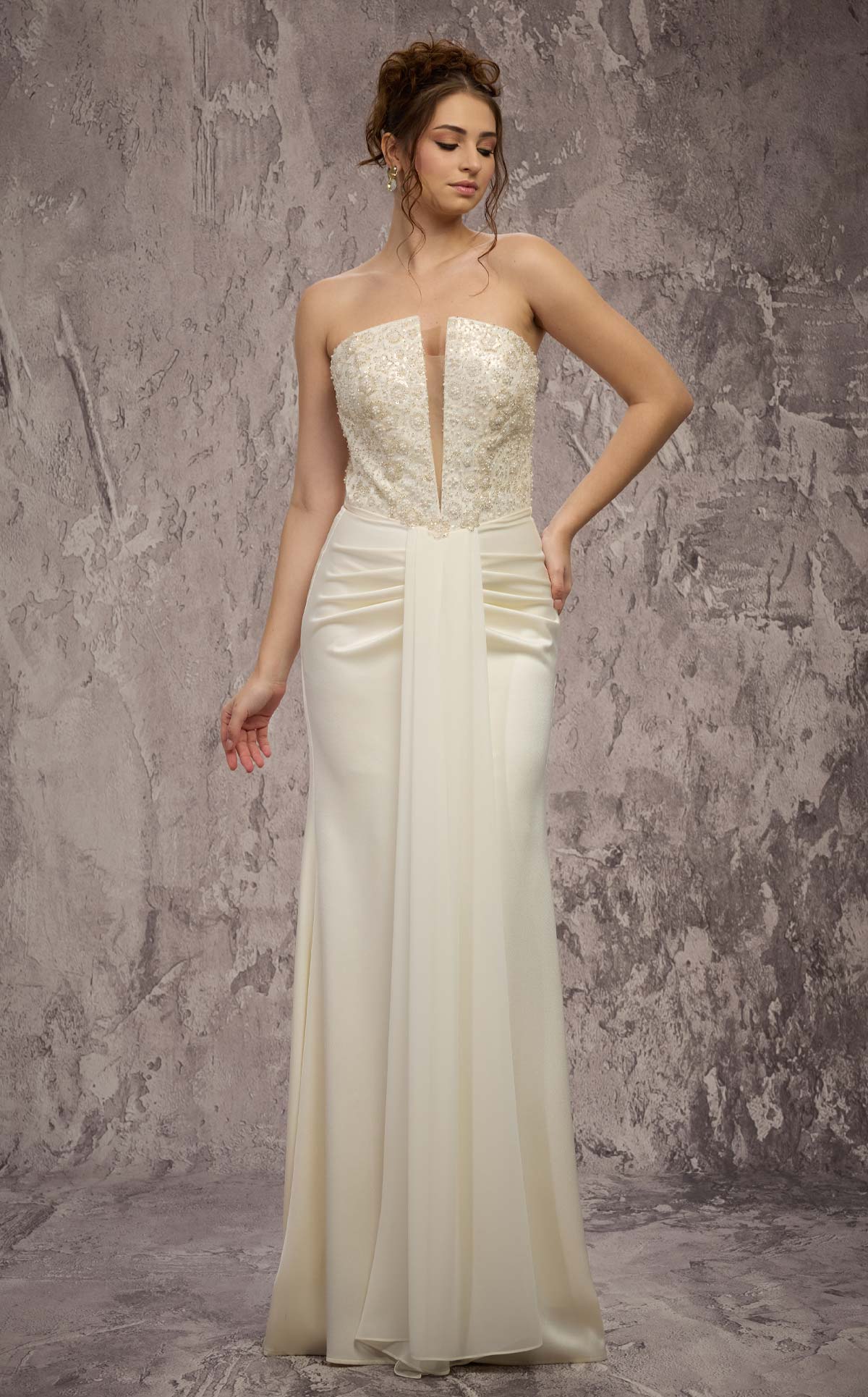 MNM Couture Q7545: Beaded Gown with Ruched Hips