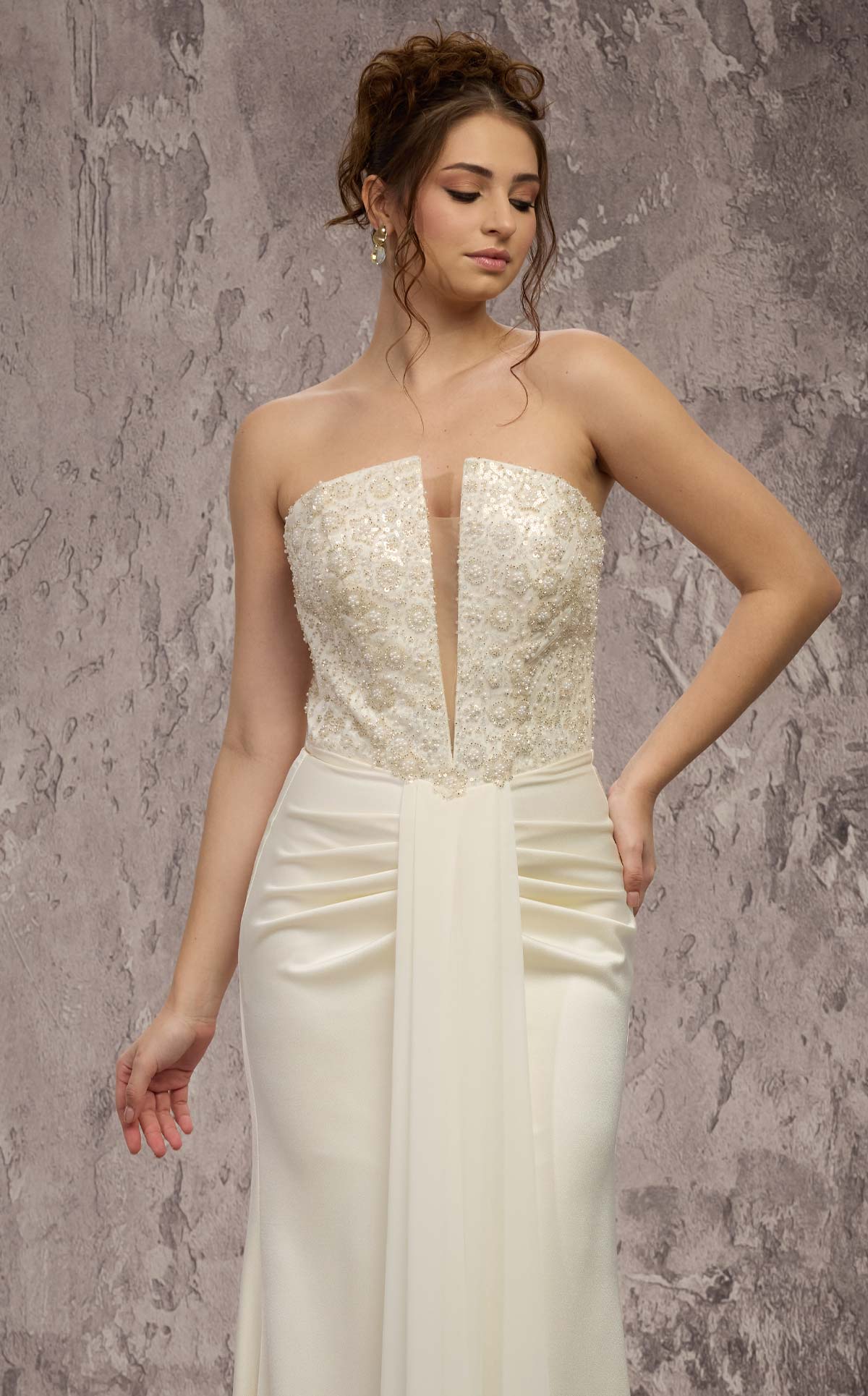 MNM Couture Q7545: Beaded Gown with Ruched Hips