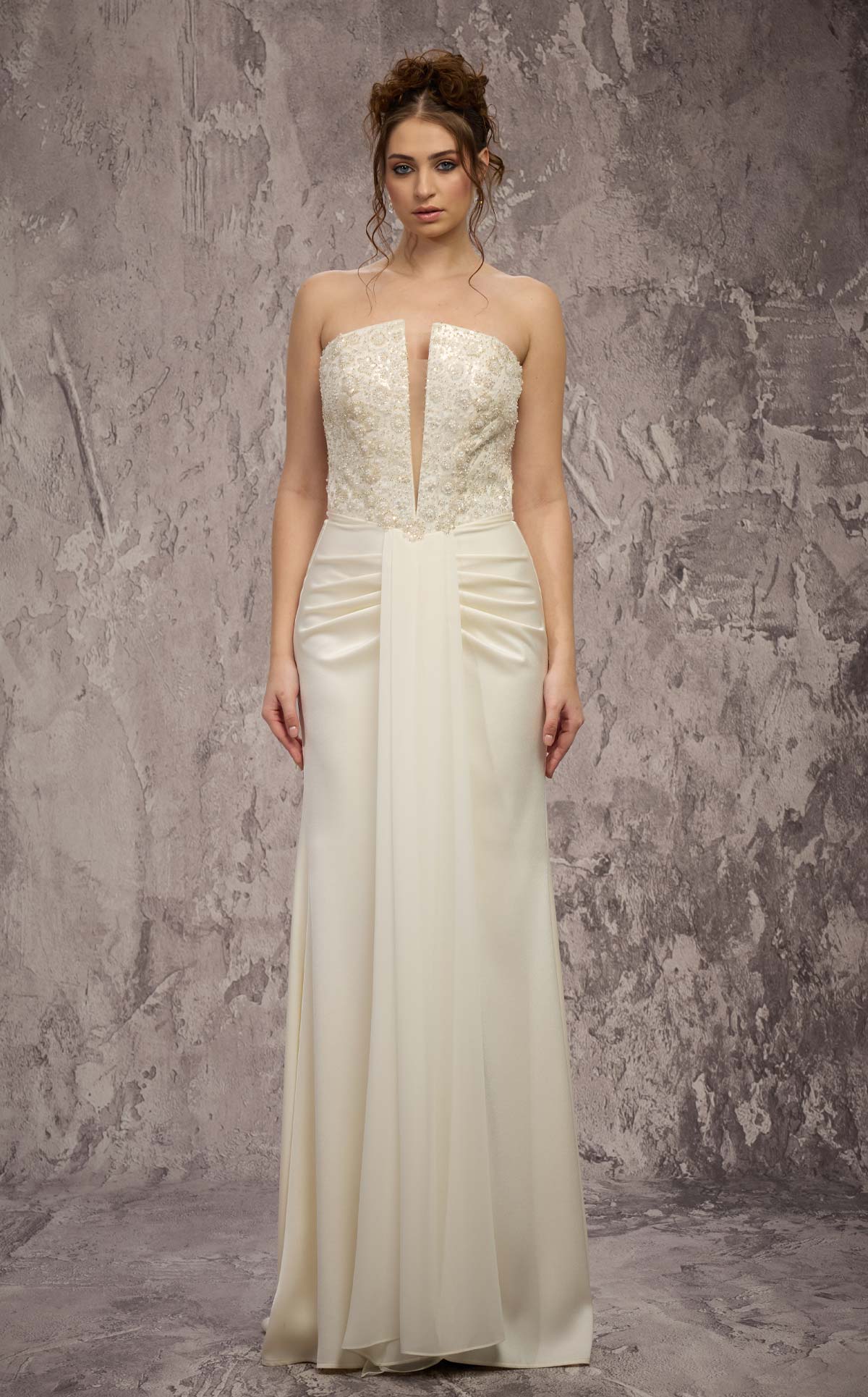 MNM Couture Q7545: Beaded Gown with Ruched Hips