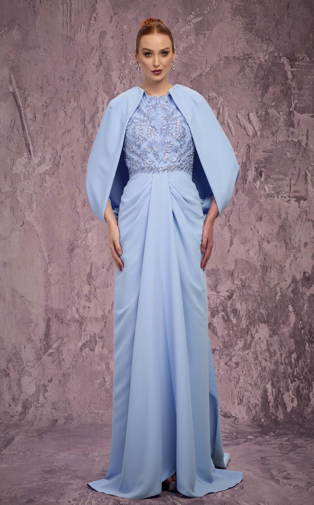 MNM Couture Q7615: Crepe Gown with Cape Sleeves
