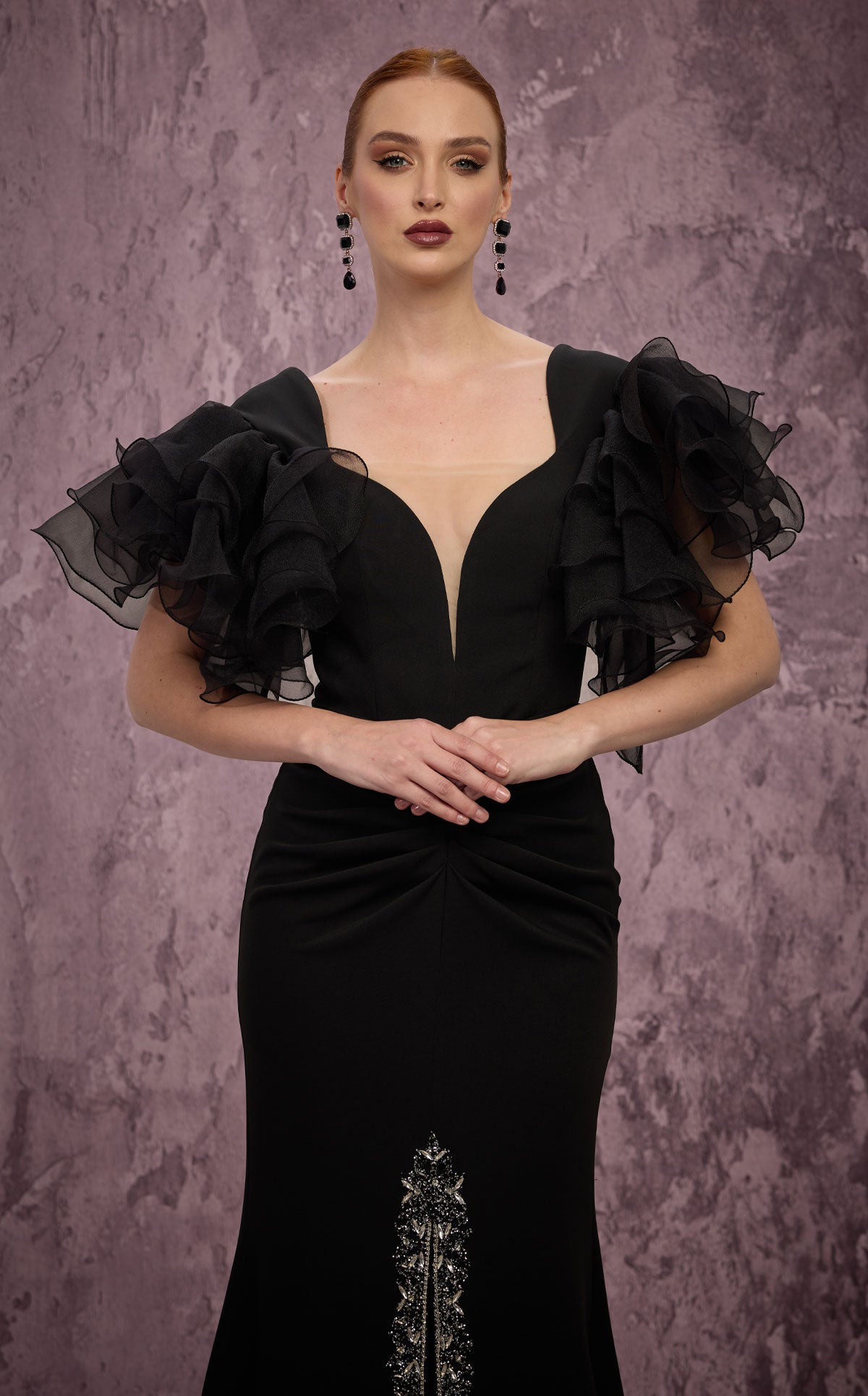 MNM Couture Q8022: Ruffled Sleeve Mermaid Gown