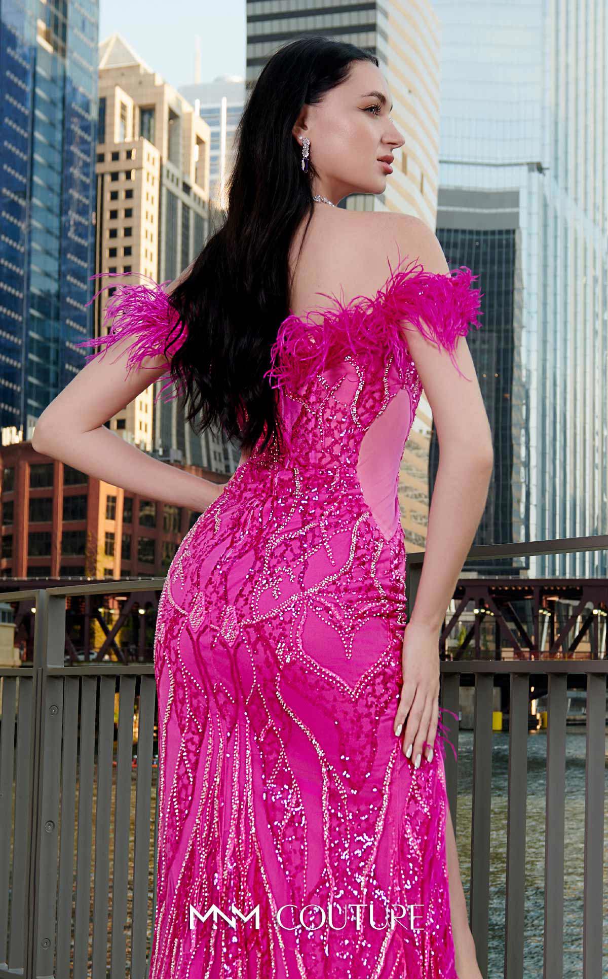 MNM Couture Style M1048 - Dramatic Mesh Elegance with Feathered Highlights
