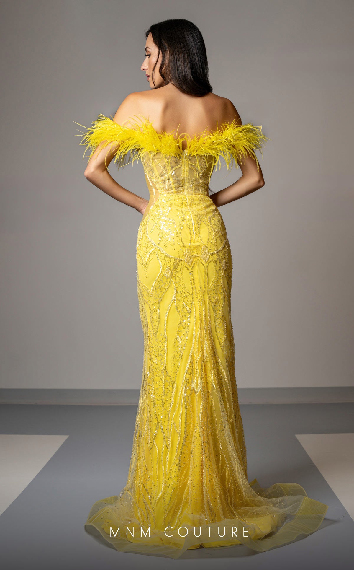 MNM Couture Style M1048 - Dramatic Mesh Elegance with Feathered Highlights