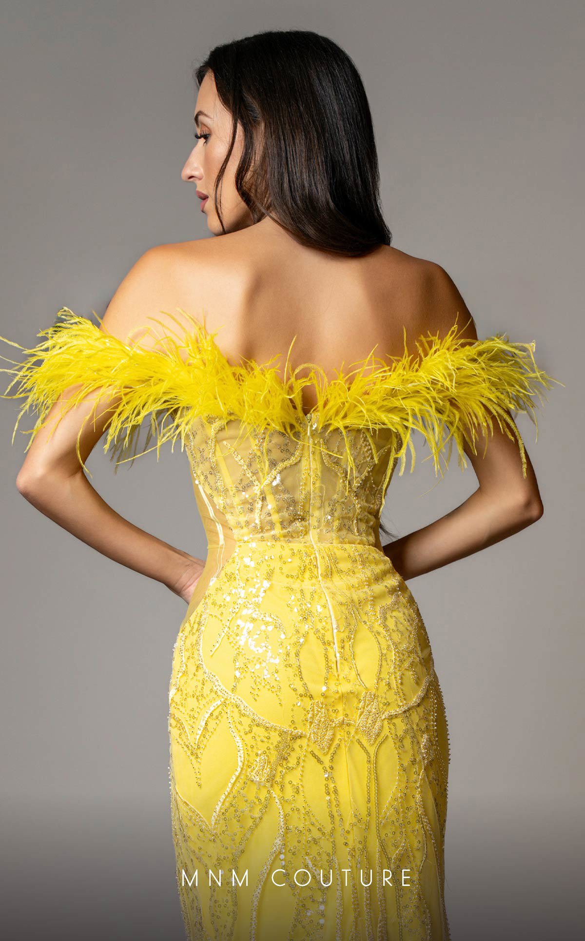 MNM Couture Style M1048 - Dramatic Mesh Elegance with Feathered Highlights