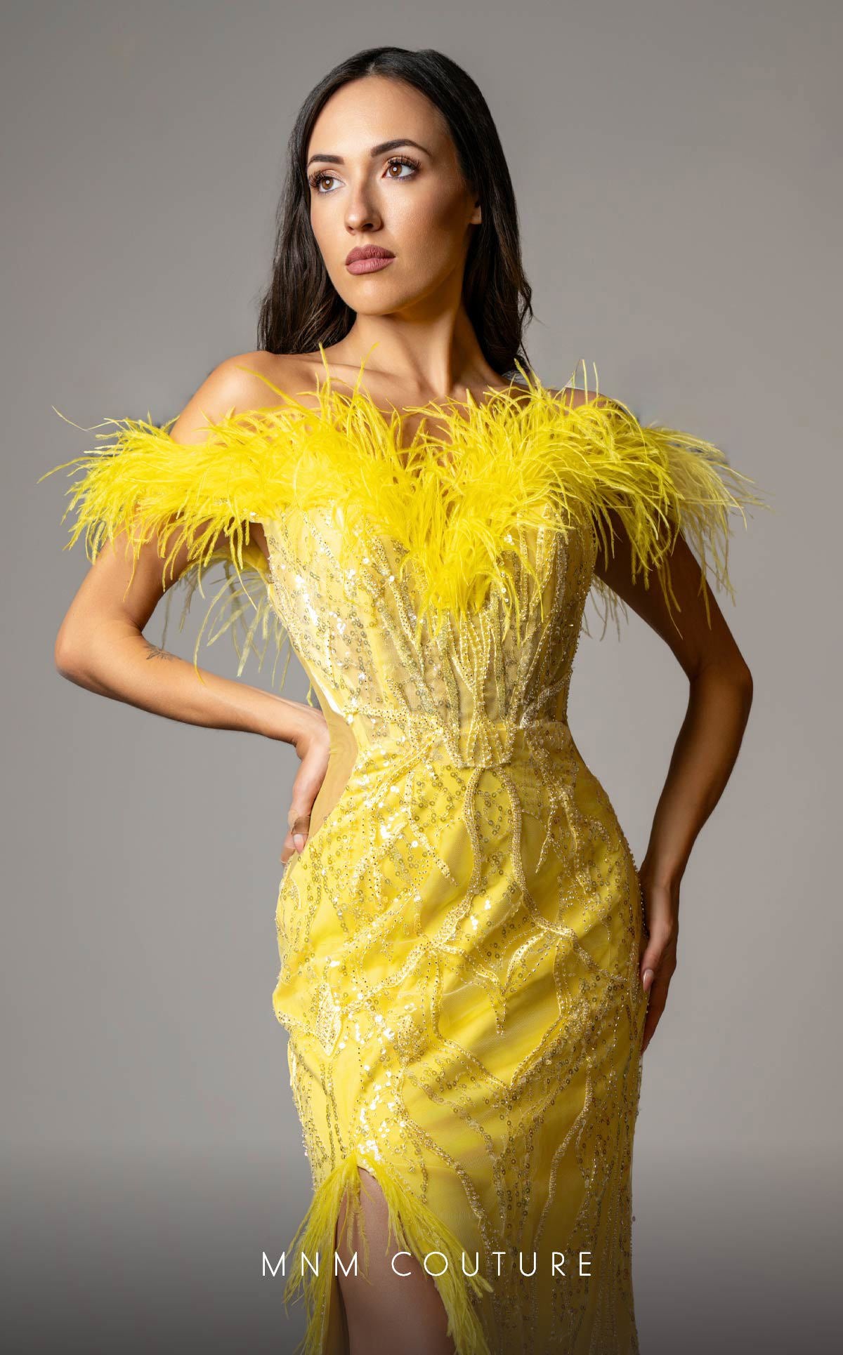 MNM Couture Style M1048 - Dramatic Mesh Elegance with Feathered Highlights