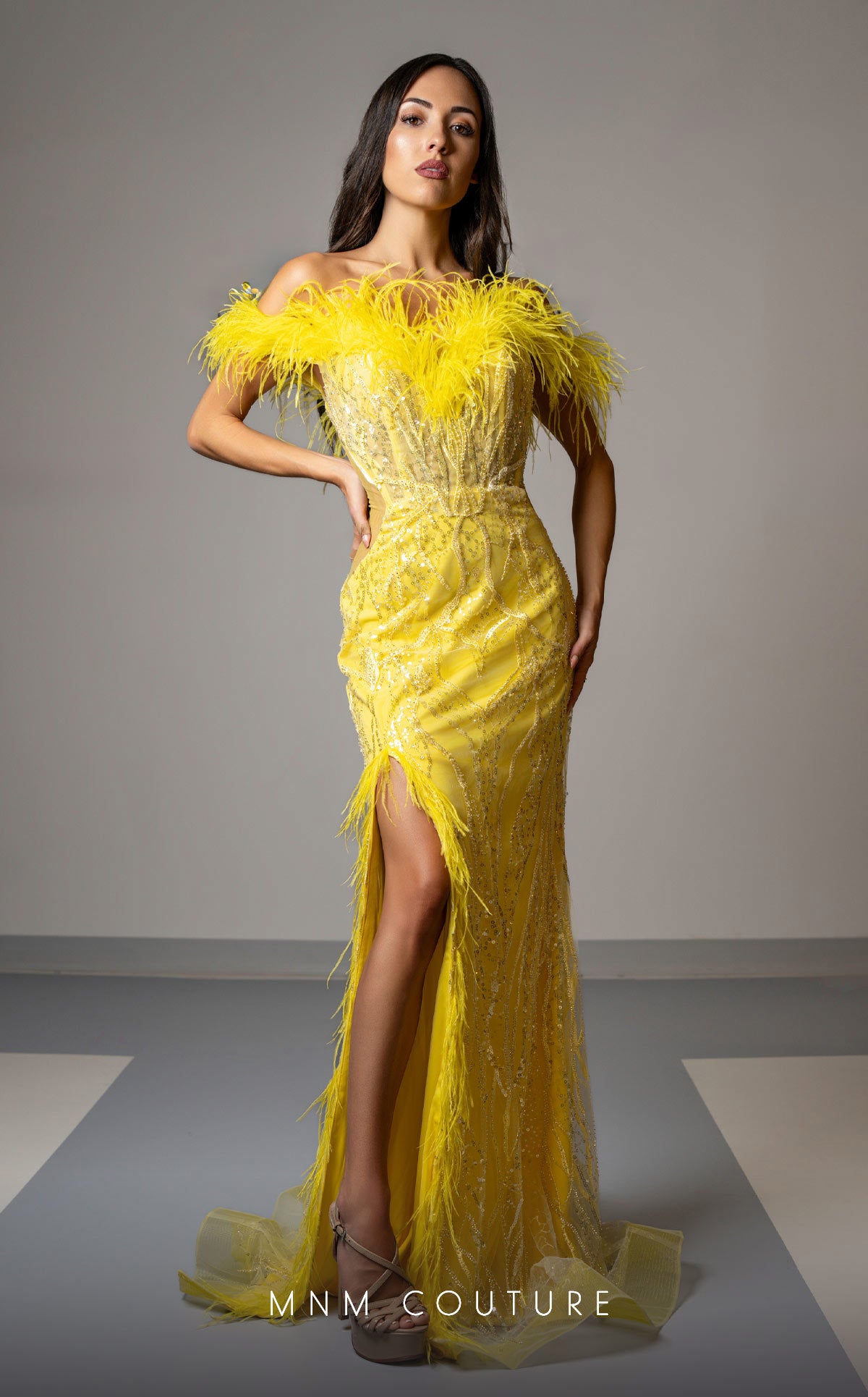 MNM Couture Style M1048 - Dramatic Mesh Elegance with Feathered Highlights