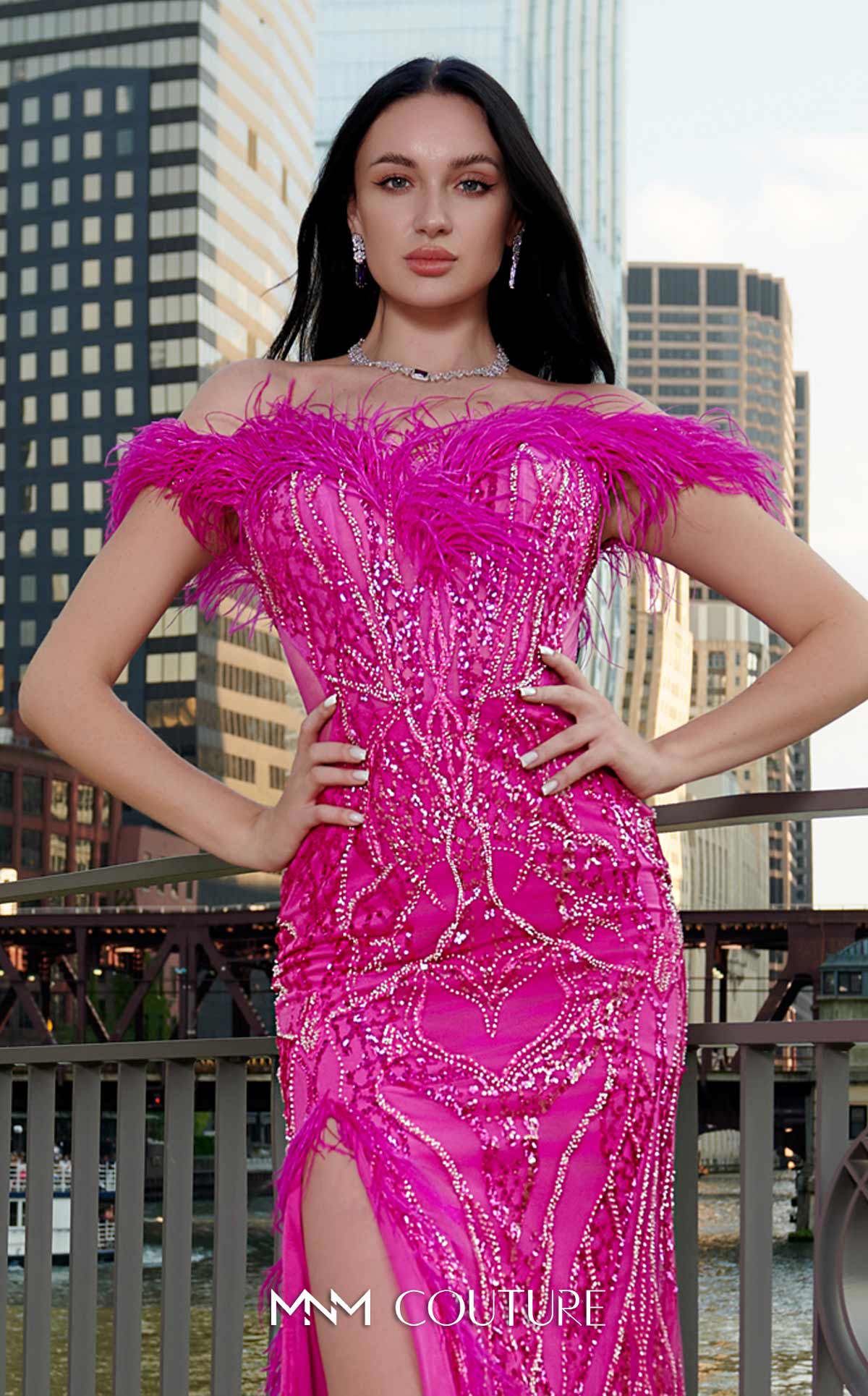 MNM Couture Style M1048 - Dramatic Mesh Elegance with Feathered Highlights