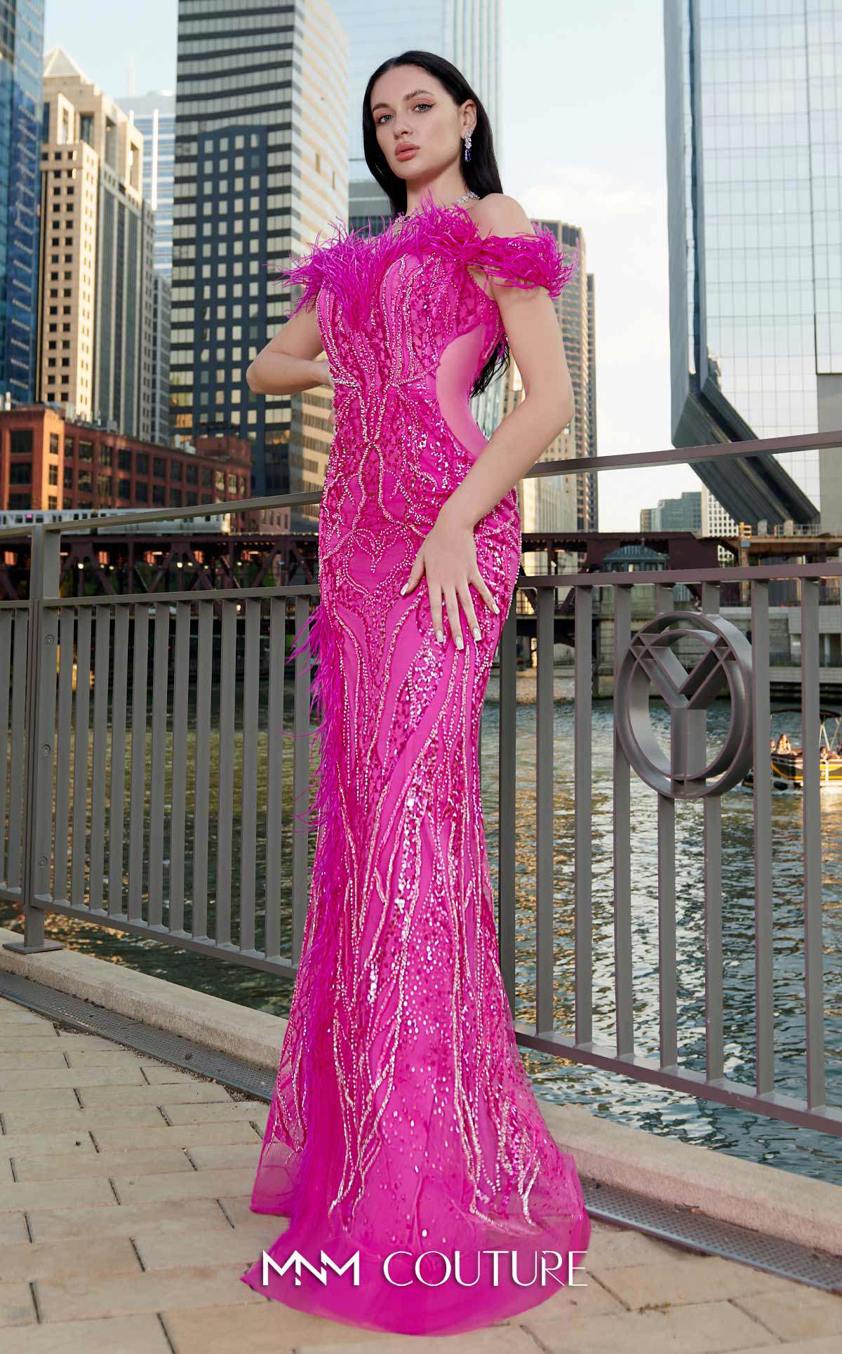 MNM Couture Style M1048 - Dramatic Mesh Elegance with Feathered Highlights