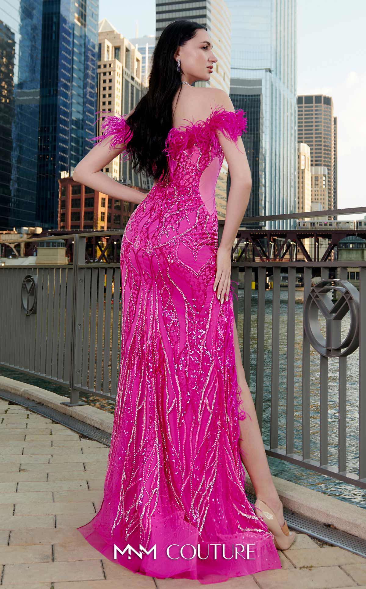 MNM Couture Style M1048 - Dramatic Mesh Elegance with Feathered Highlights