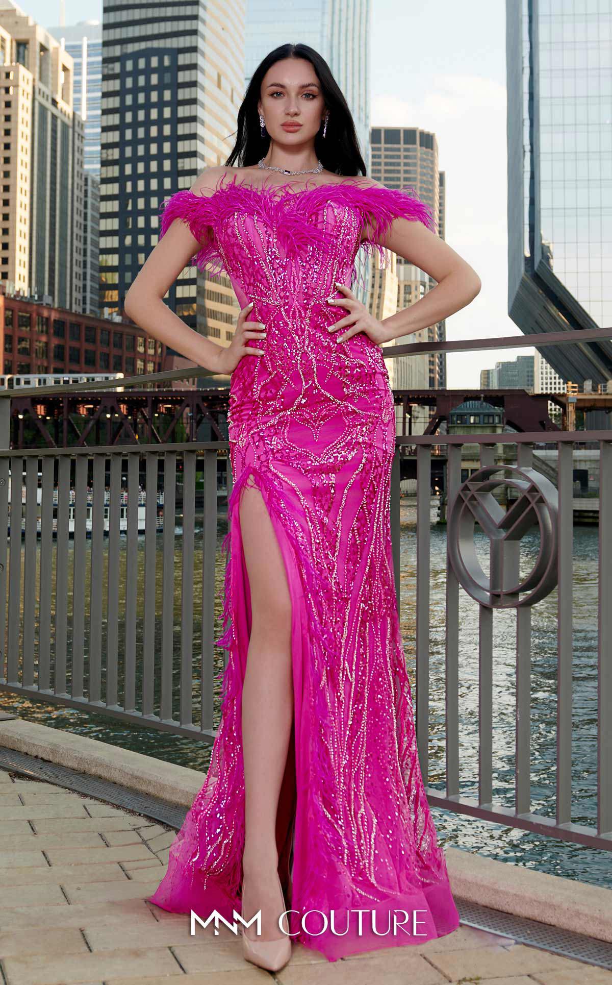 MNM Couture Style M1048 - Dramatic Mesh Elegance with Feathered Highlights