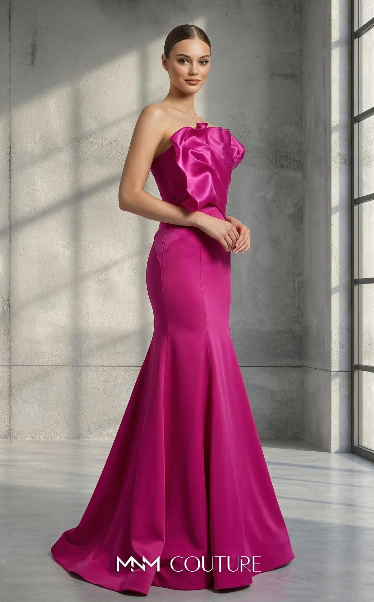 MNM Couture V07107 Fuchsia Sculptural Ruffle Mermaid Gown
