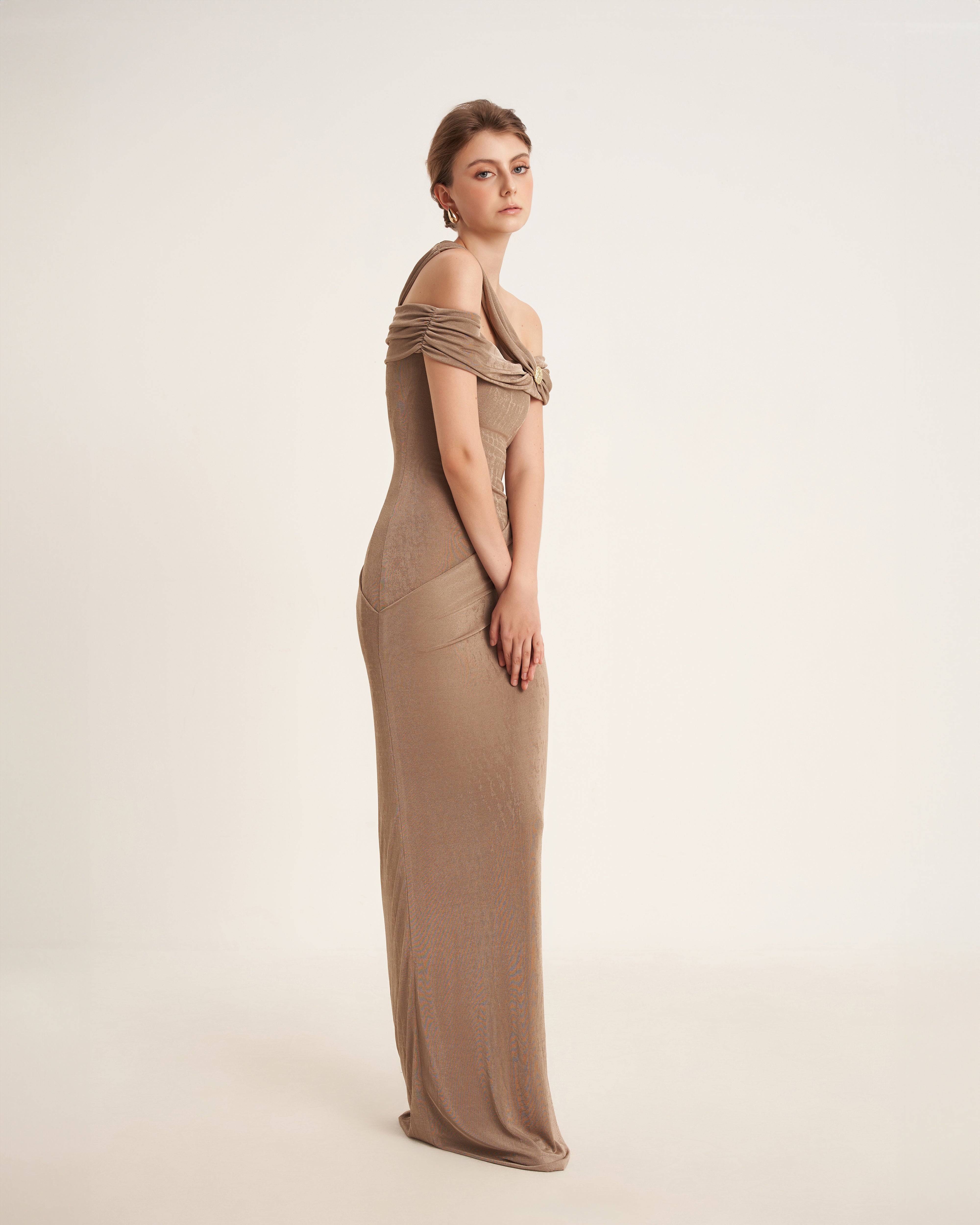 Mirer - Plumeria Sheath Elastance Jersey Maxi Dress