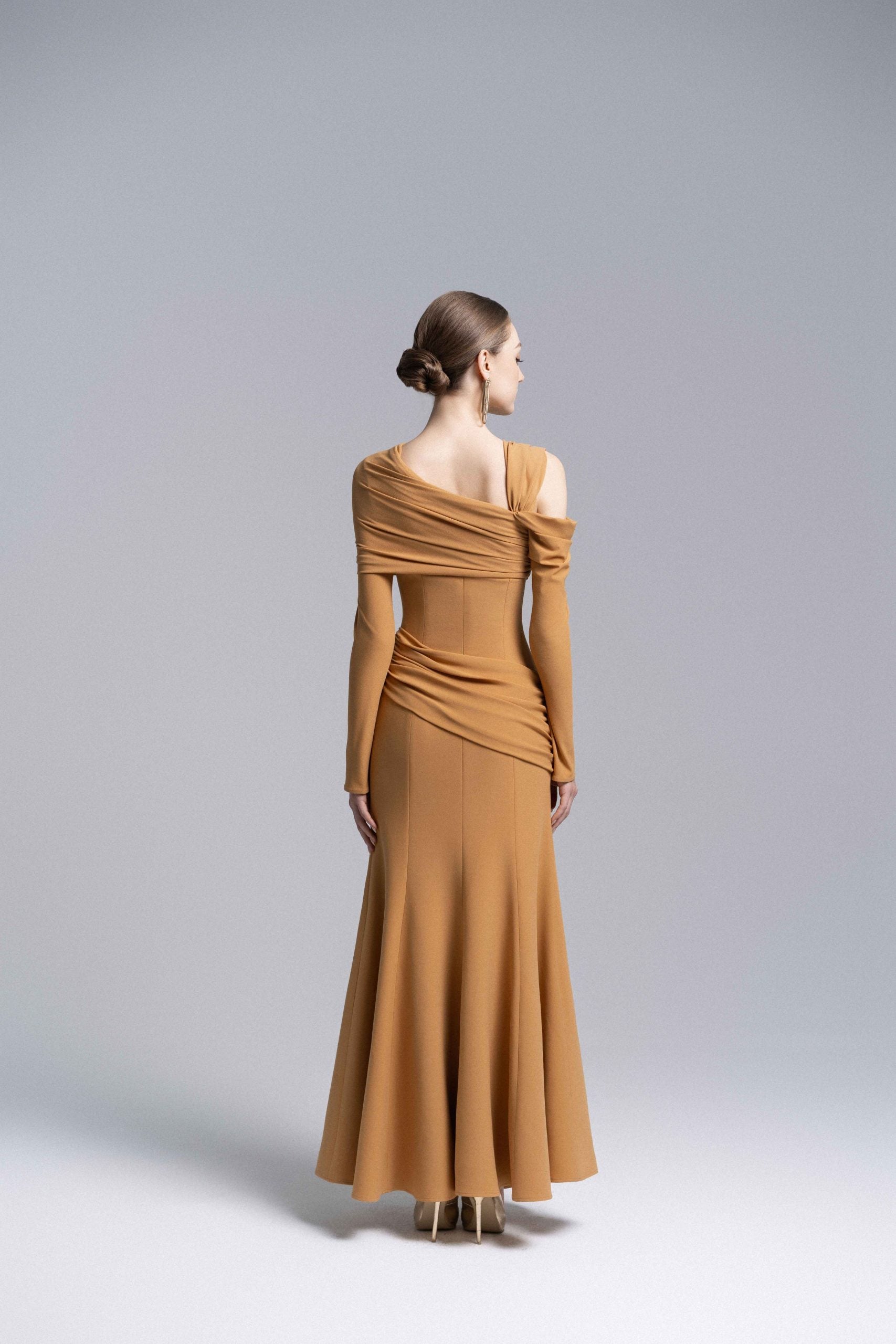 Marigold Twisted Shoulder Midi Dress VL1014