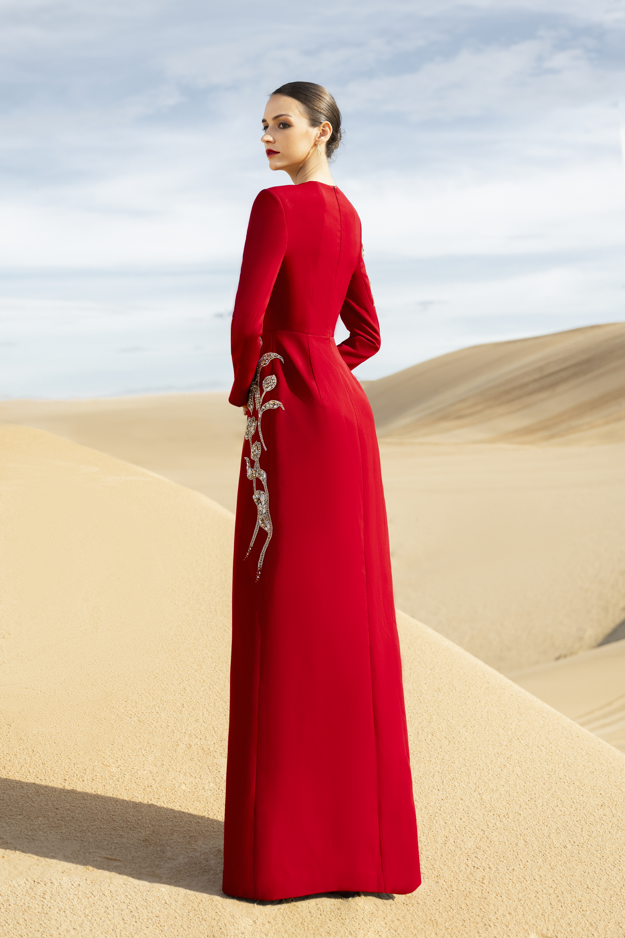Matilde A-line Long Sleeved Velvet Satin Maxi Dress