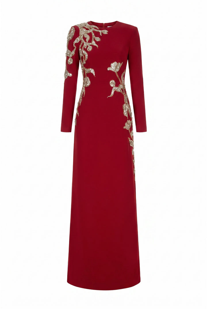 Matilde A-line Long Sleeved Velvet Satin Maxi Dress