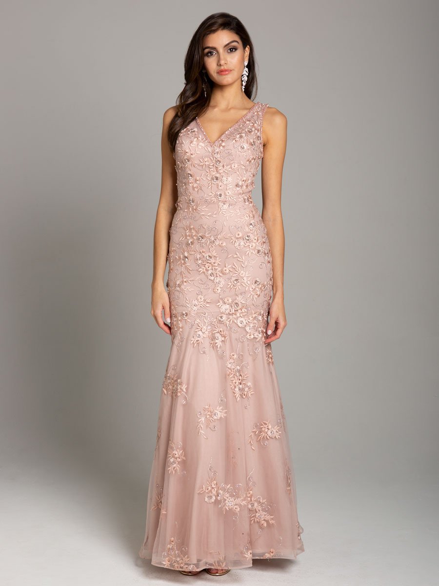 Mermaid Dress with Floral Lace Appliques & V-Neck 29869