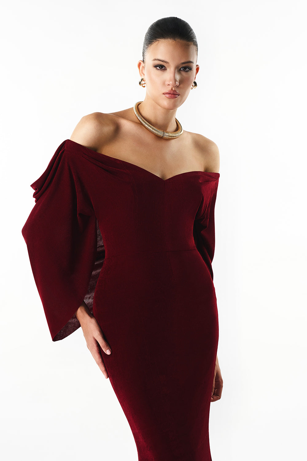 Mirer - Amora Off Shoulder Gathering Maxi Dress-1