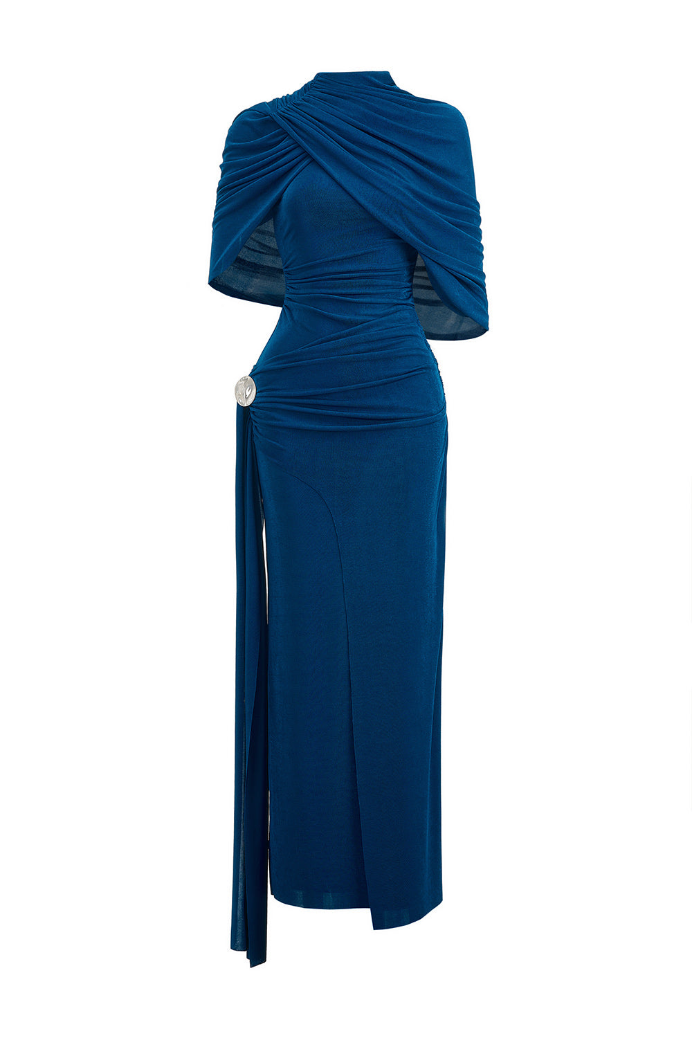 Mirer - Athena Sheath Cape Shoulder Elastic Cotton Maxi Dress-0
