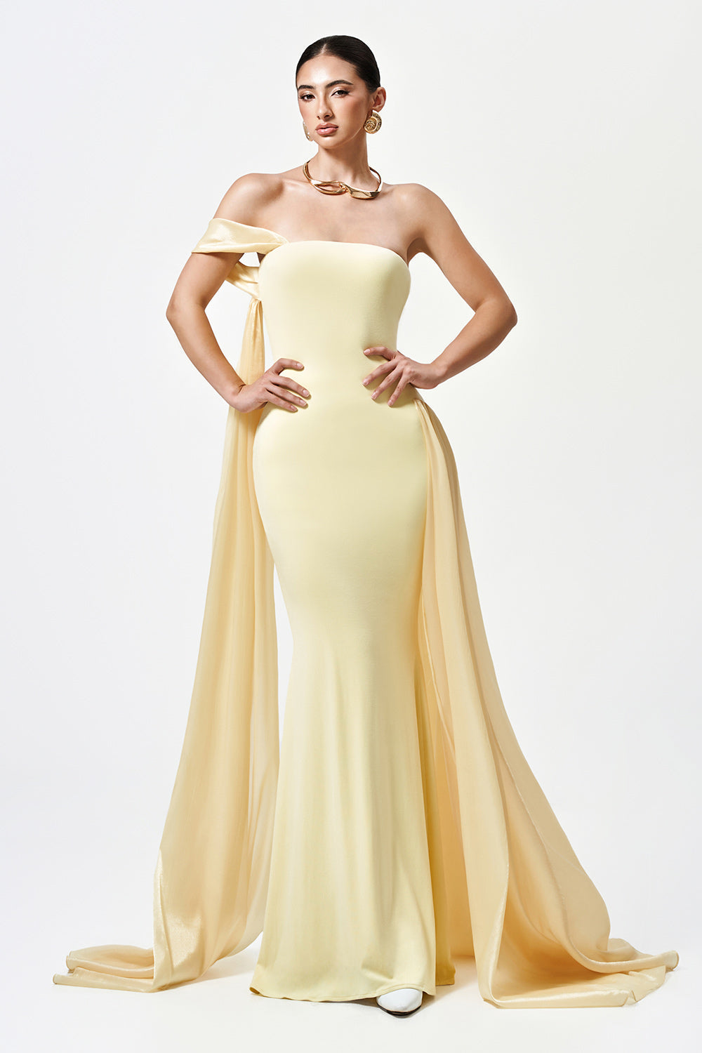 Mirer - Aura Asymmetric Off Shoulder Cotton Spandex Floor Length Dress-4