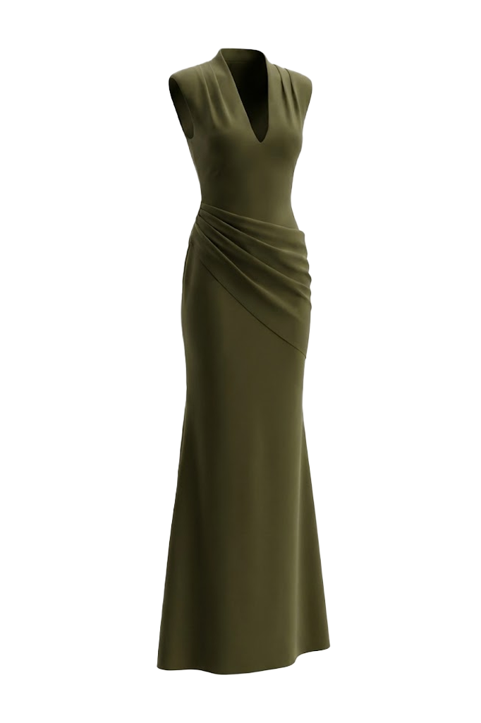 Mirer - Aveline V Neck Draped Maxi Dress-1