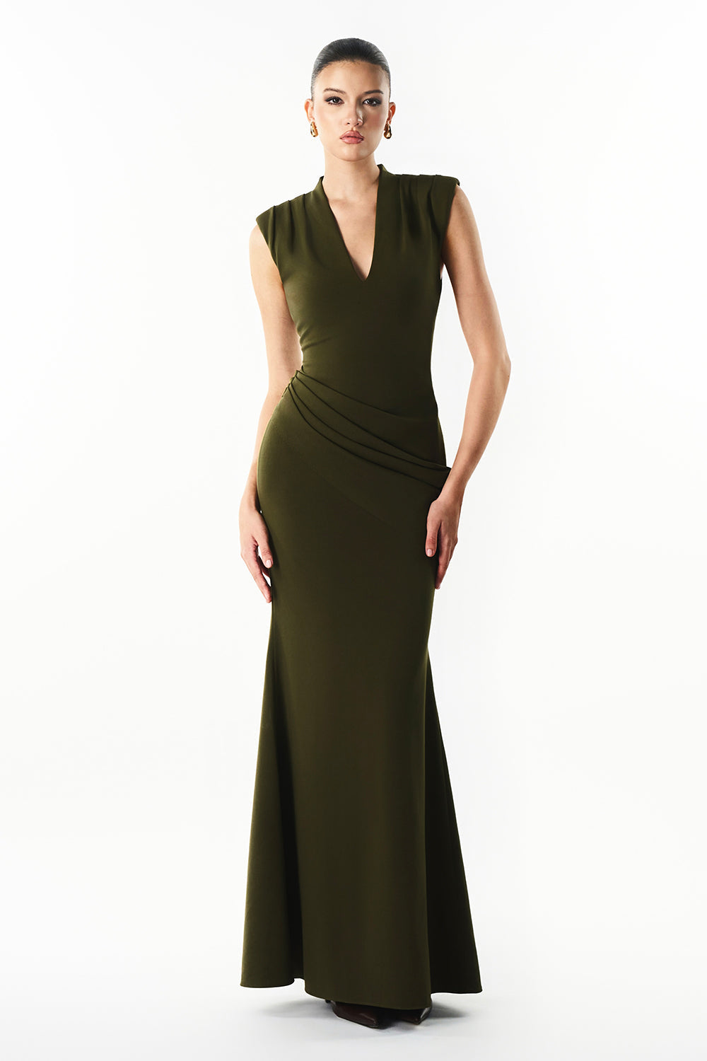Mirer - Aveline V Neck Draped Maxi Dress-0