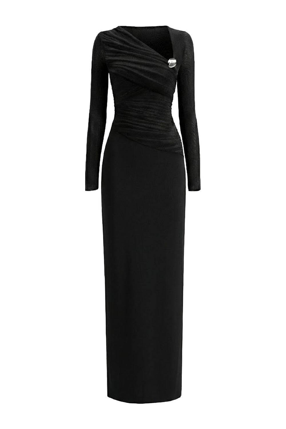 Mirer - Blarune Sheath Gathered Elastic Cotton Maxi Dress-5