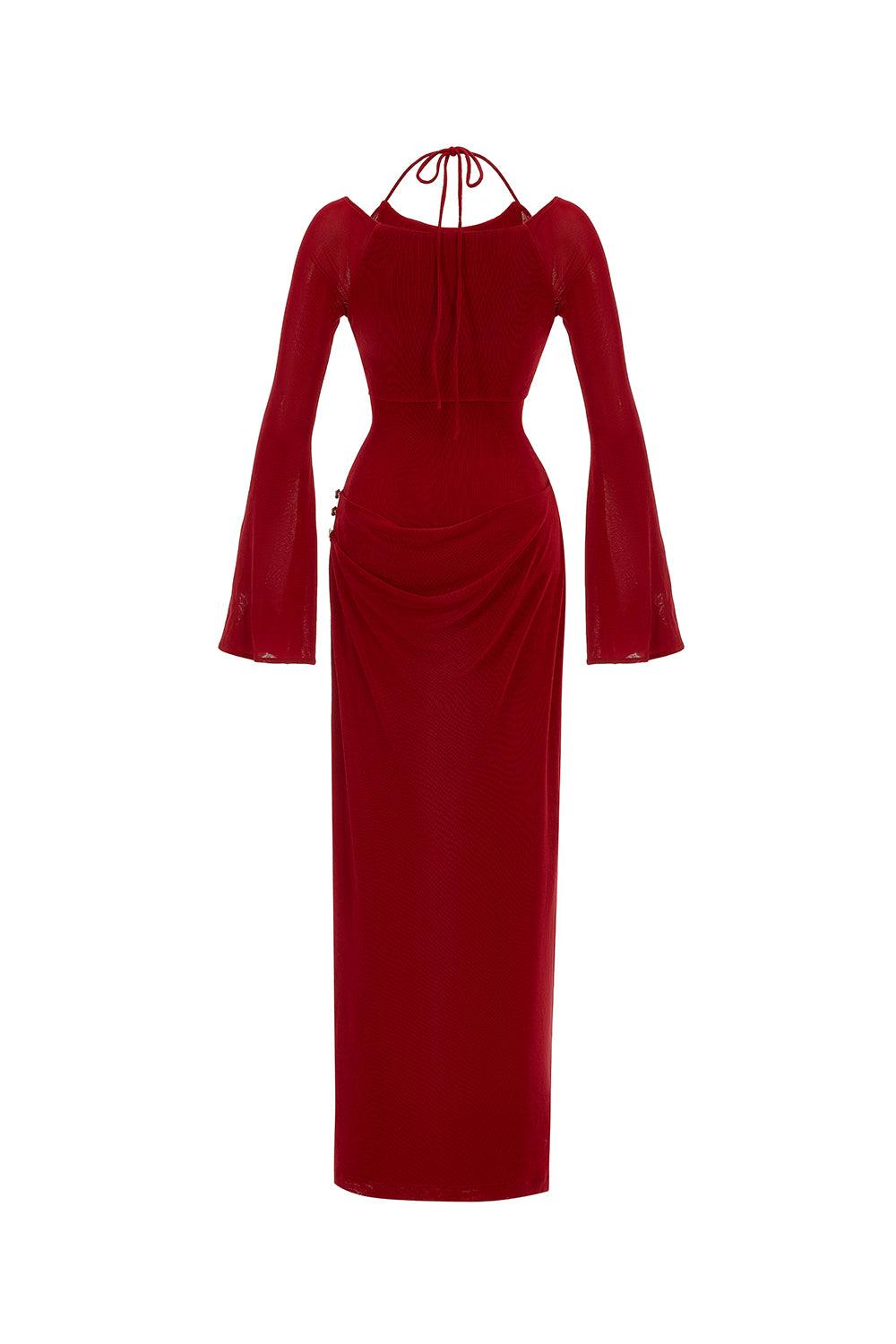 Mirer - Cassia A Line Halter Neck Elastic Cotton Floor Length Dress-1