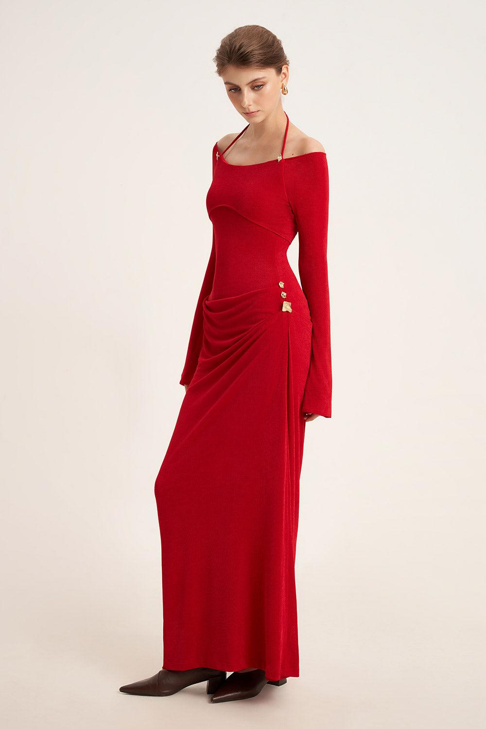 Mirer - Cassia A Line Halter Neck Elastic Cotton Floor Length Dress-3