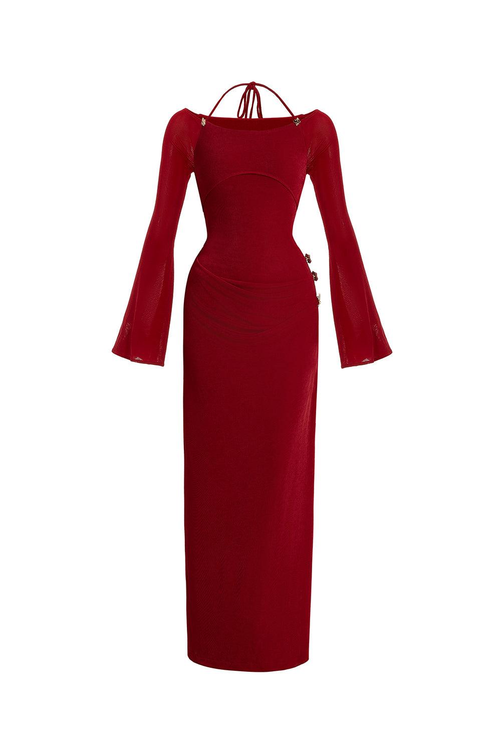 Mirer - Cassia A Line Halter Neck Elastic Cotton Floor Length Dress-0