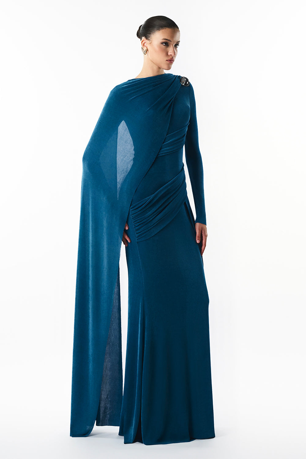 Mirer - Cindra Asymmetric Sleeve Gathering Maxi Dress-2