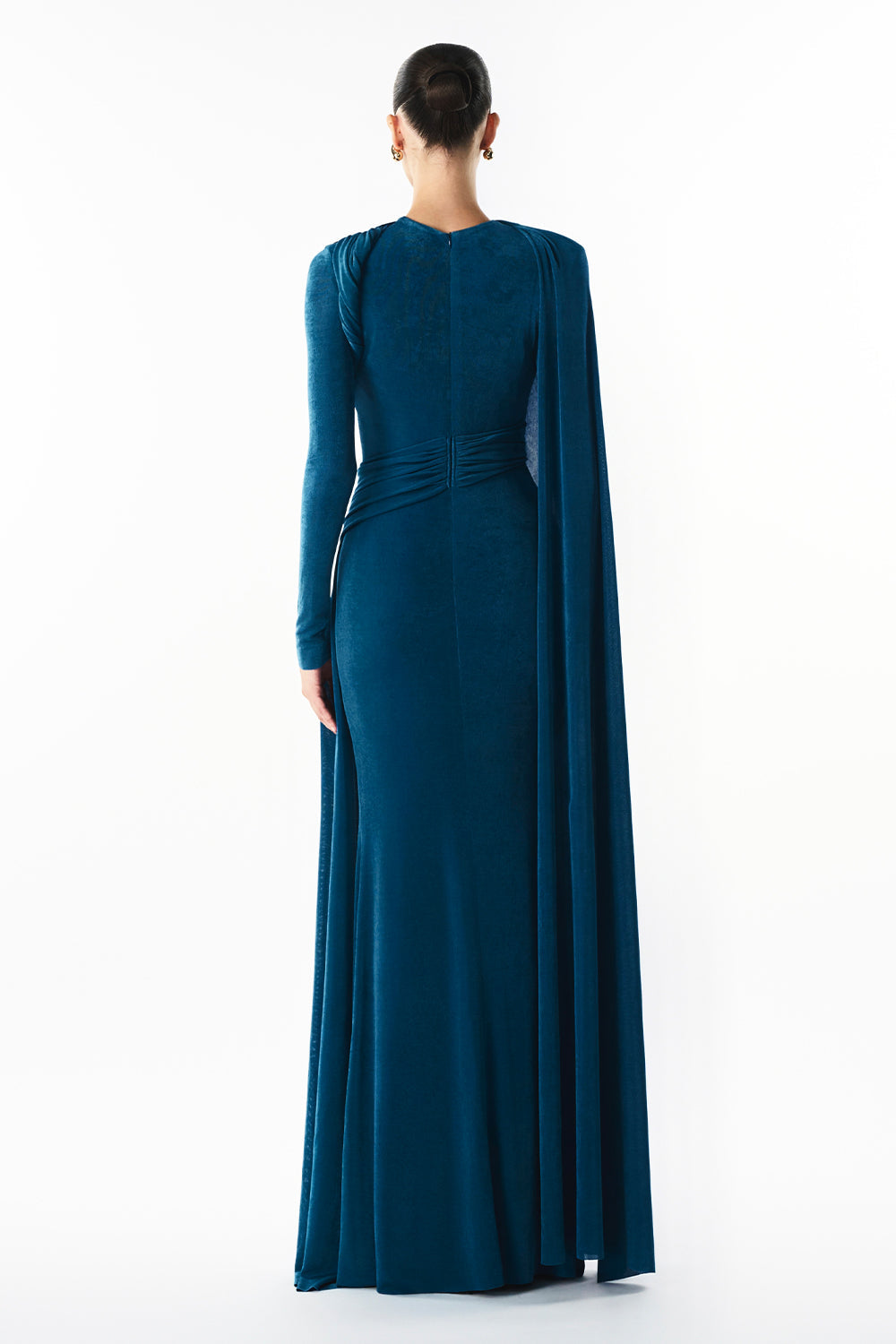 Mirer - Cindra Asymmetric Sleeve Gathering Maxi Dress-3