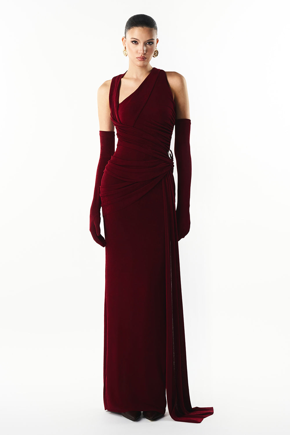 Mirer - Coraline Asymmertric Neck Gathering Maxi Dress-0