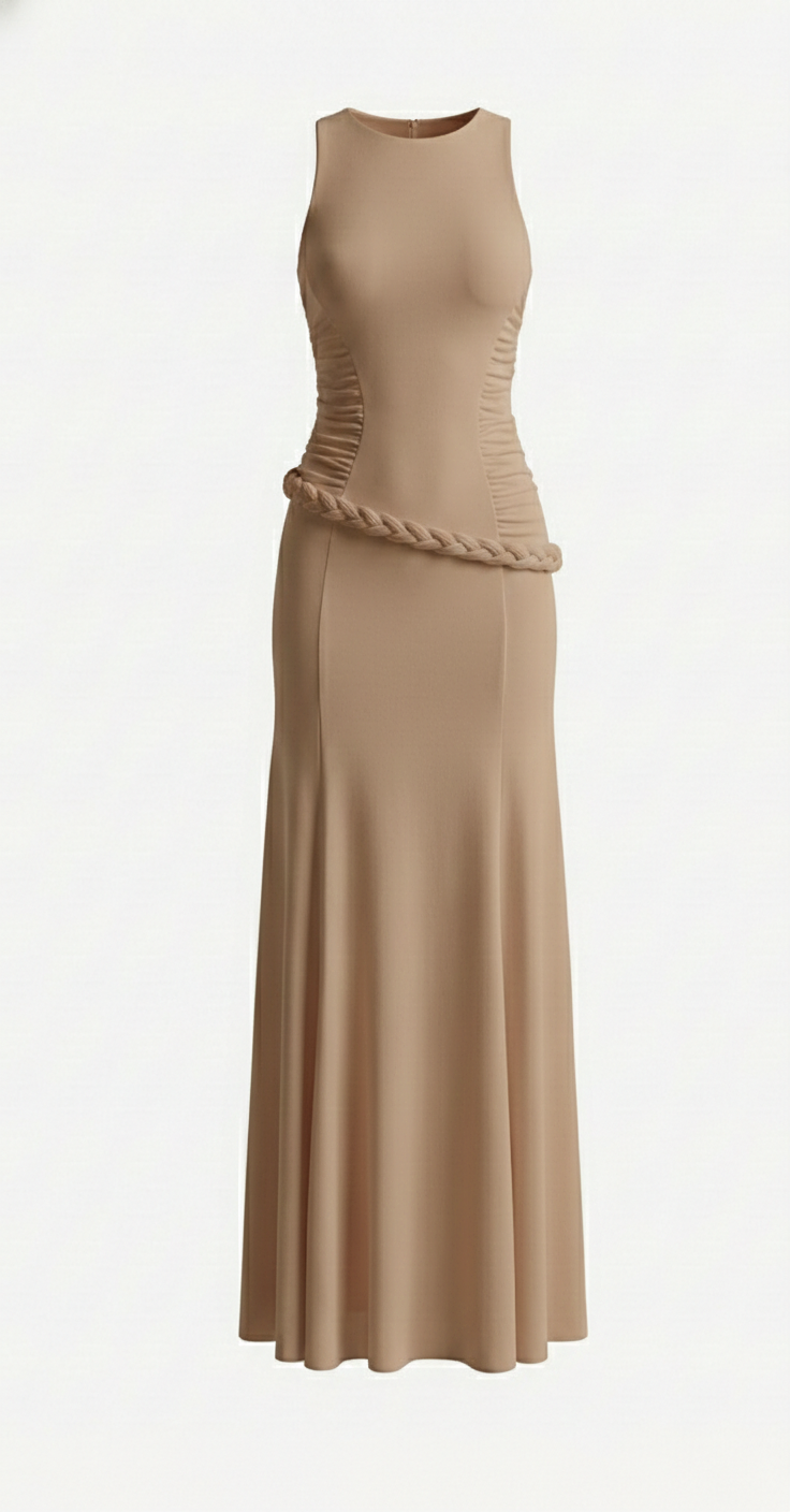 Mirer - Ivanna High Neck Gathering Maxi Dress-5