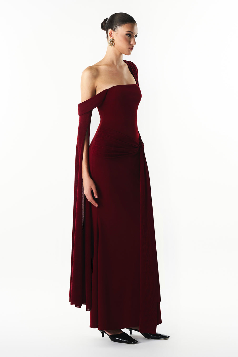 Mirer - Marvina Asymmetric Neck Draped Maxi Dress-3