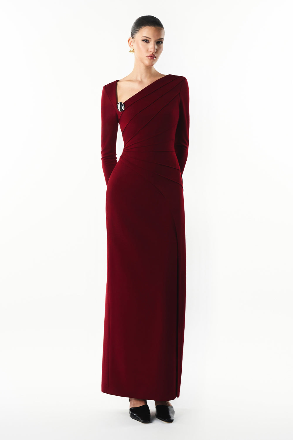 Mirer - Mera Asymmetric Neck Metal Maxi Dress-0