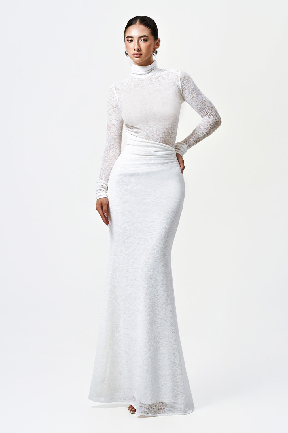 Mirer - Myra Bodycon Turtle Neck Elastic Cotton Top-2