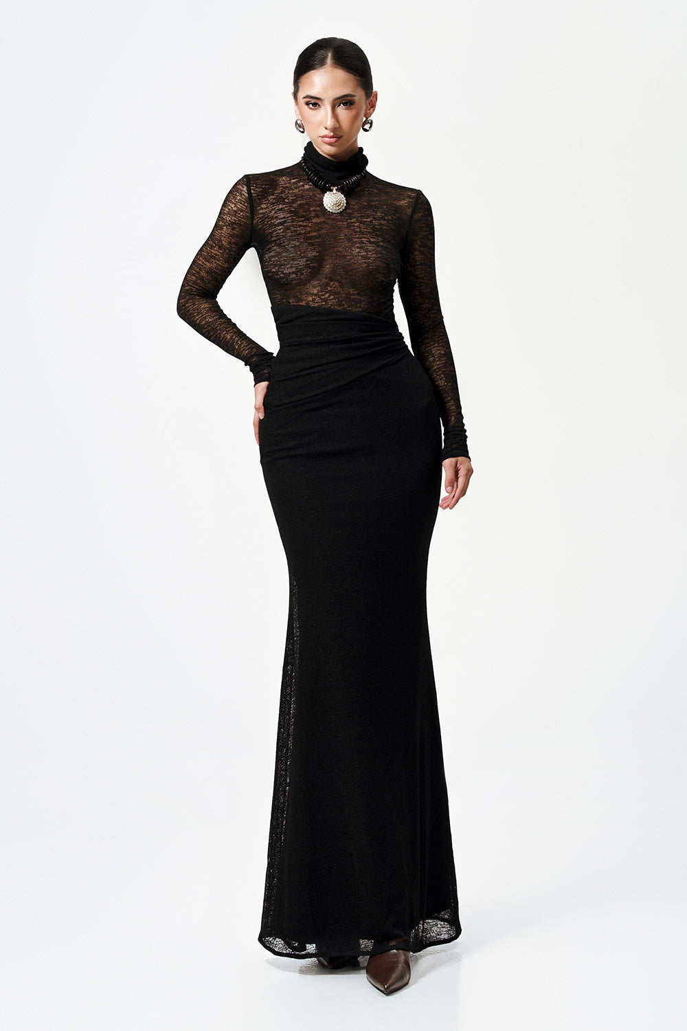 Mirer - Myra Bodycon Turtle Neck Elastic Cotton Top-7