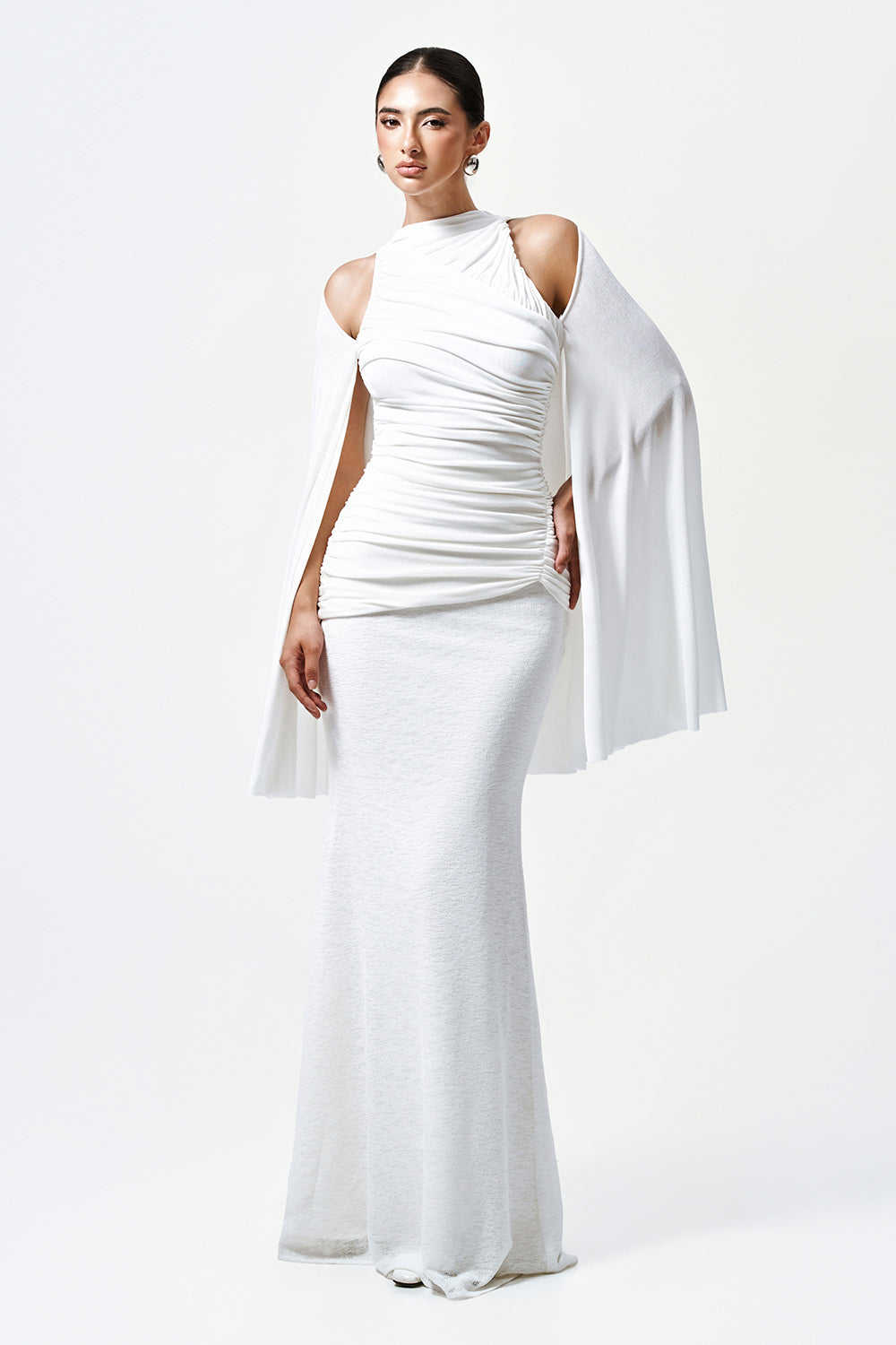 Mirer - Nayeli Bodycon Cape Sleeved Elastic Cotton Top-3