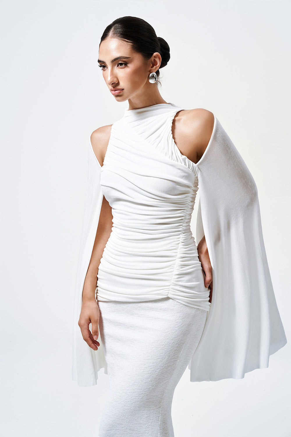 Mirer - Nayeli Bodycon Cape Sleeved Elastic Cotton Top-4